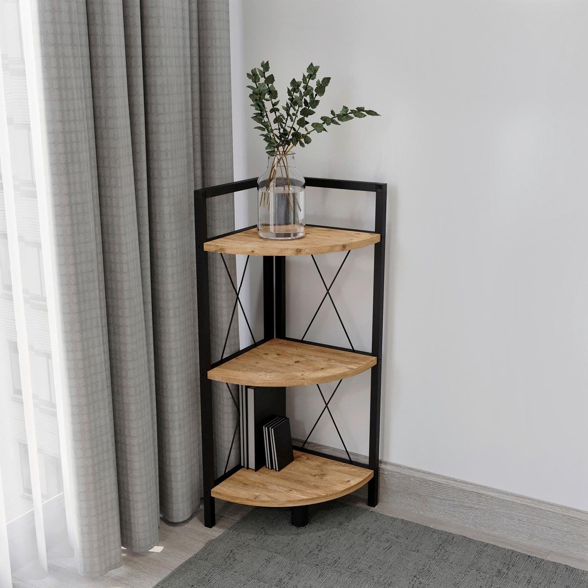 Kotni Regal Insasi 2, Barva Hrasta, Črna - črna/medeni hrast, Design, kovina/leseni material (34/87/34cm) - MID.YOU