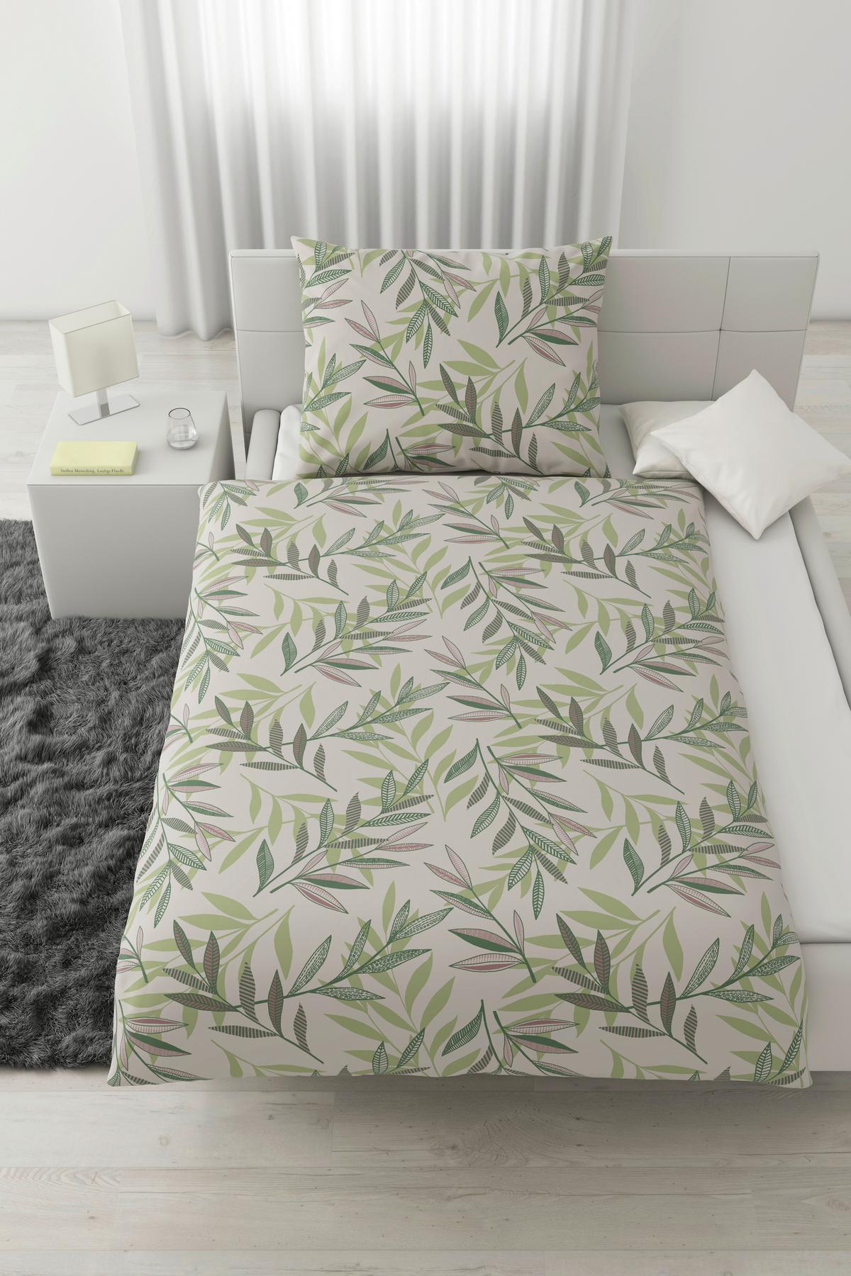 Bettwäsche Stitched Leaves Grün/Beige ca. 140x200cm - Beige/Grün, Textil (140/200cm) - Modern Living