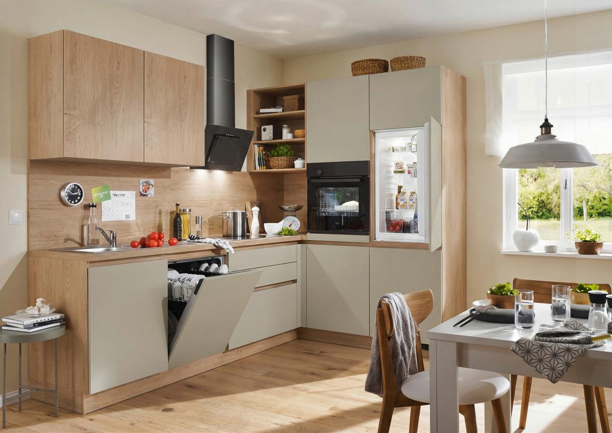 Eckküche Base o. Geräte ca. 275x185cm Cremegrau - Eichefarben/Grau, MODERN, Holzwerkstoff (275/185cm) - Express-Kuechen