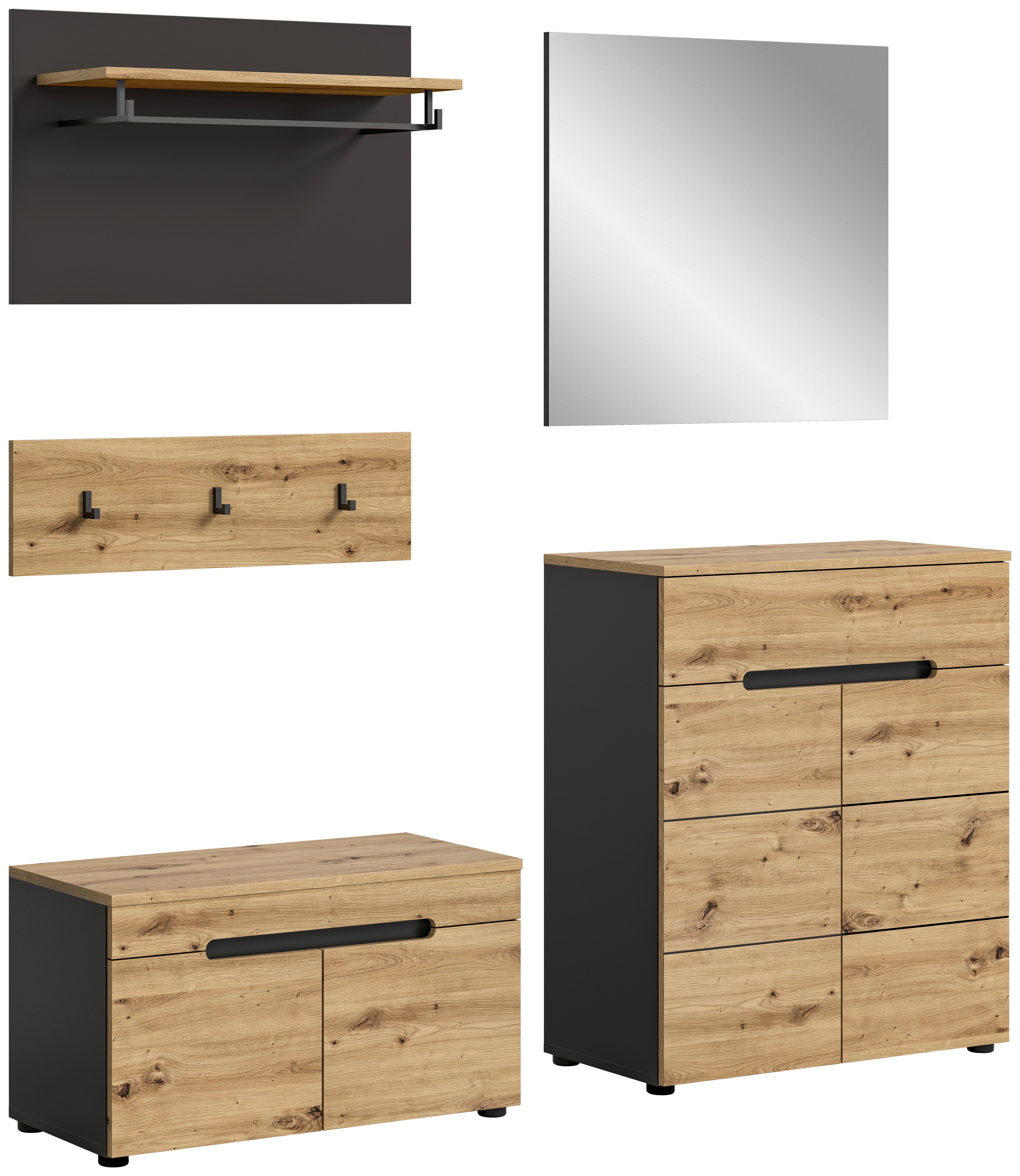 Garderobe Canu 4-teilig ca. 175x190x37cm Eiche Dekor,Grau - KONVENTIONELL, Glas/Holzwerkstoff (175/190/37cm) - MID.YOU