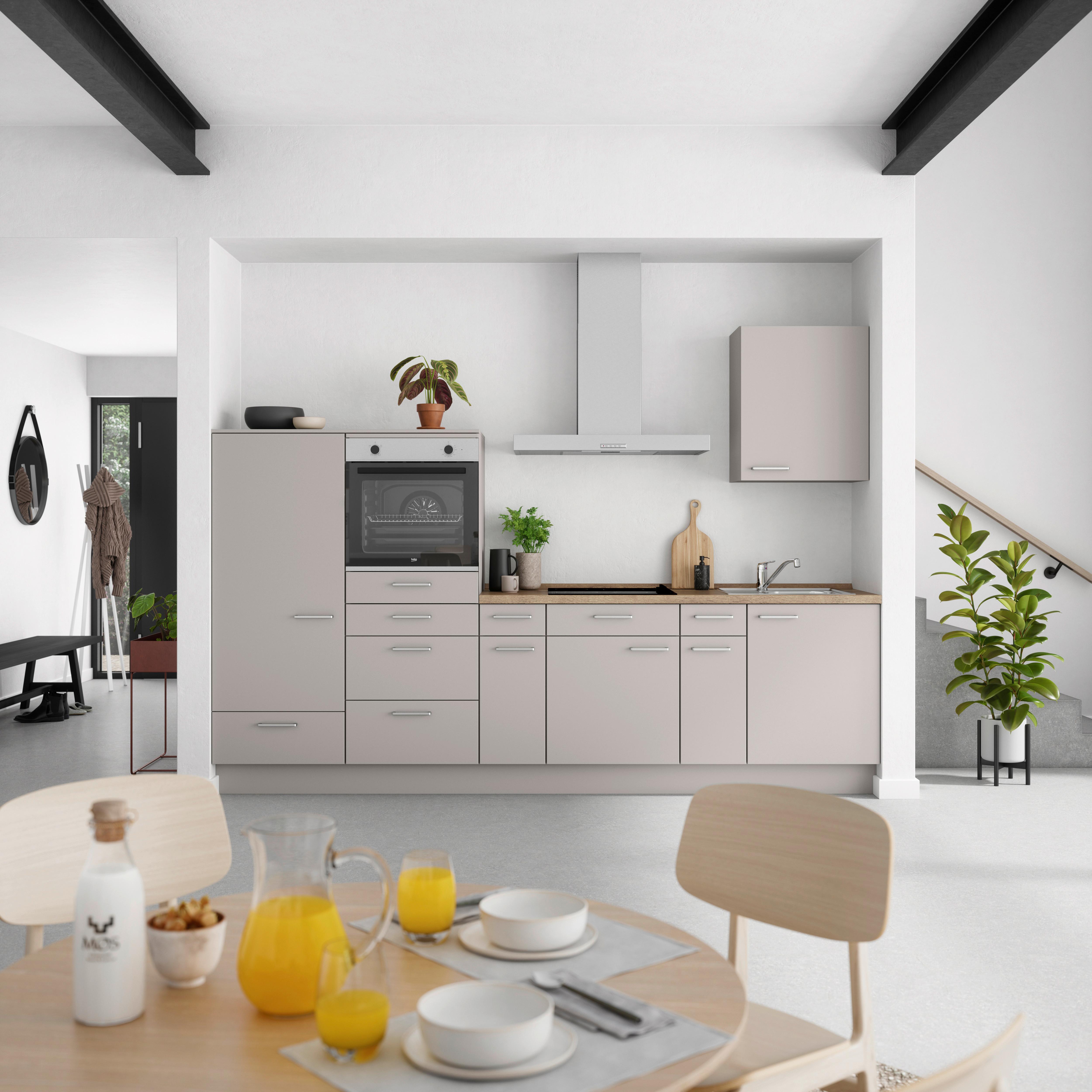 Küchenblock Touch Low m. Geräten Grau - Eiche dunkel/Edelstahlfarben, MODERN, Holzwerkstoff/Metall (300cm) - Nobilia