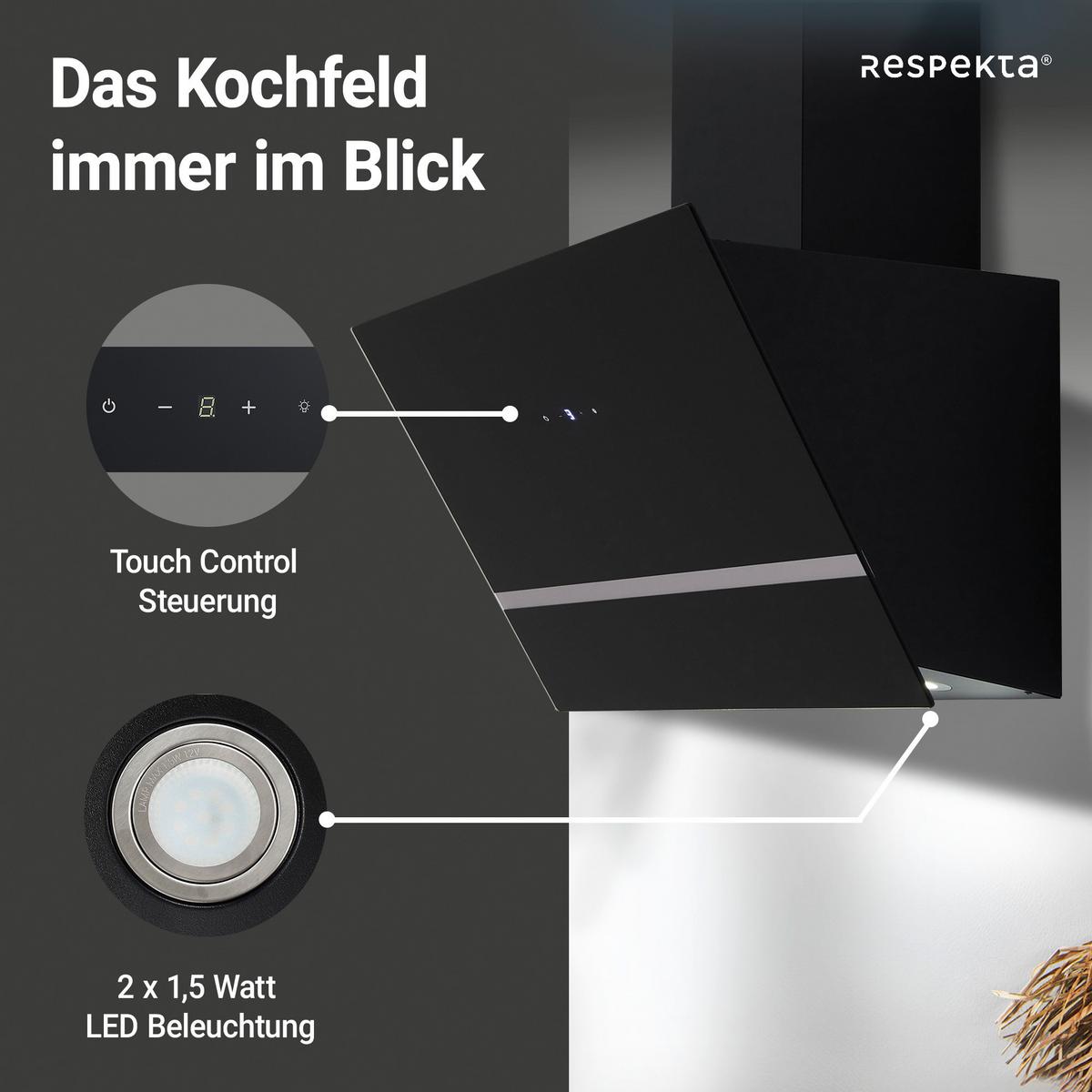 Dunstabzugshaube Hera Metall/ Glas Schwarz mit LED B: 60 cm - Schwarz, Trend, Glas/Metall (59,5/74,2-109,2/38,5cm) - Respekta
