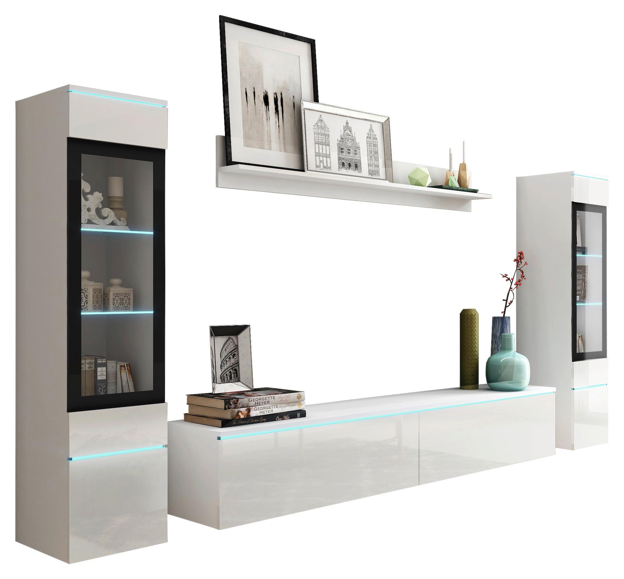 Wohnwand Vera 4-tlg. ca. 240x130 cm Weiß - Weiß Hochglanz/Weiß, LIFESTYLE, Glas/Holzwerkstoff (240/130/33cm) - P & B