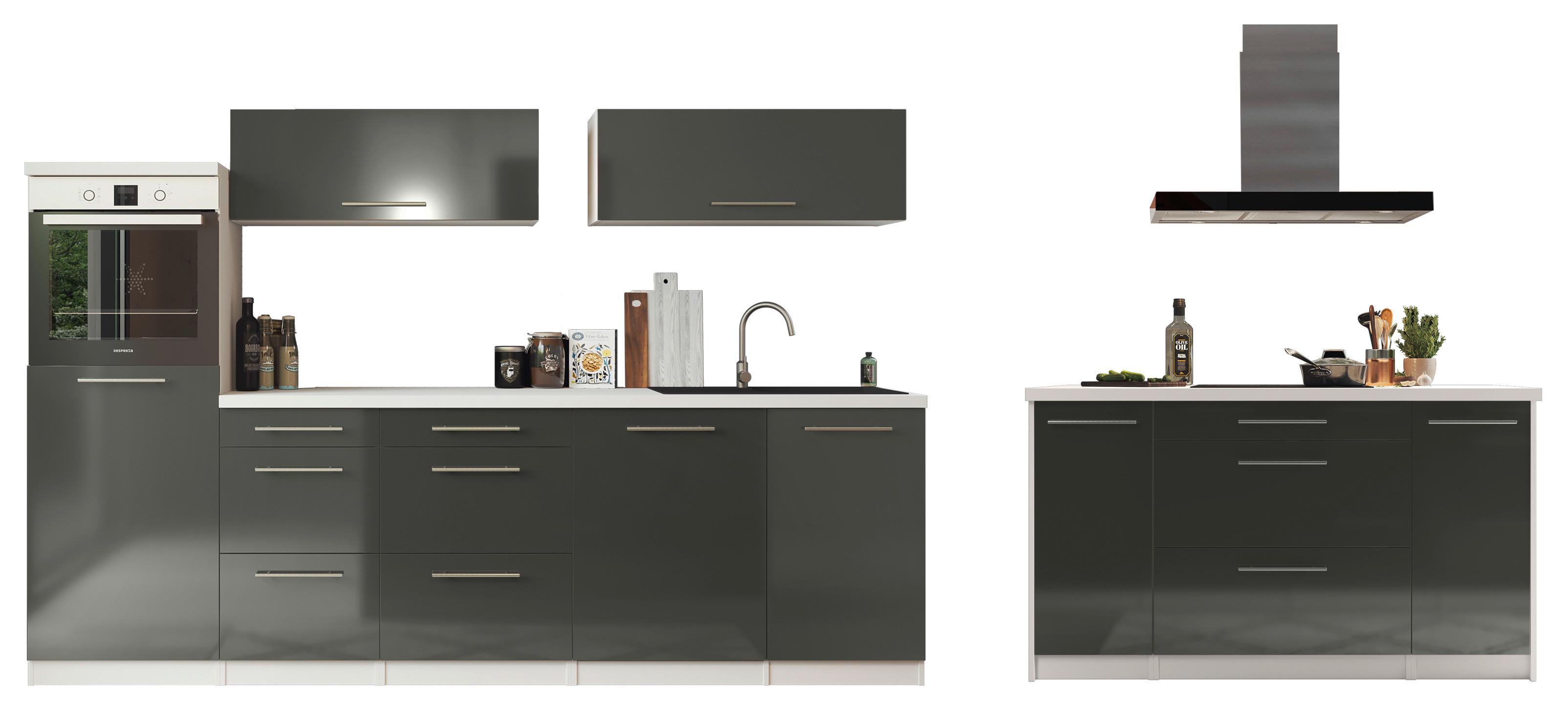 Inselküche Premium Grau Hoch glanz m.Geräten B: ca. 280 cm - Weiß/Grau, MODERN, Holzwerkstoff/Metall (280/160cm) - Respekta