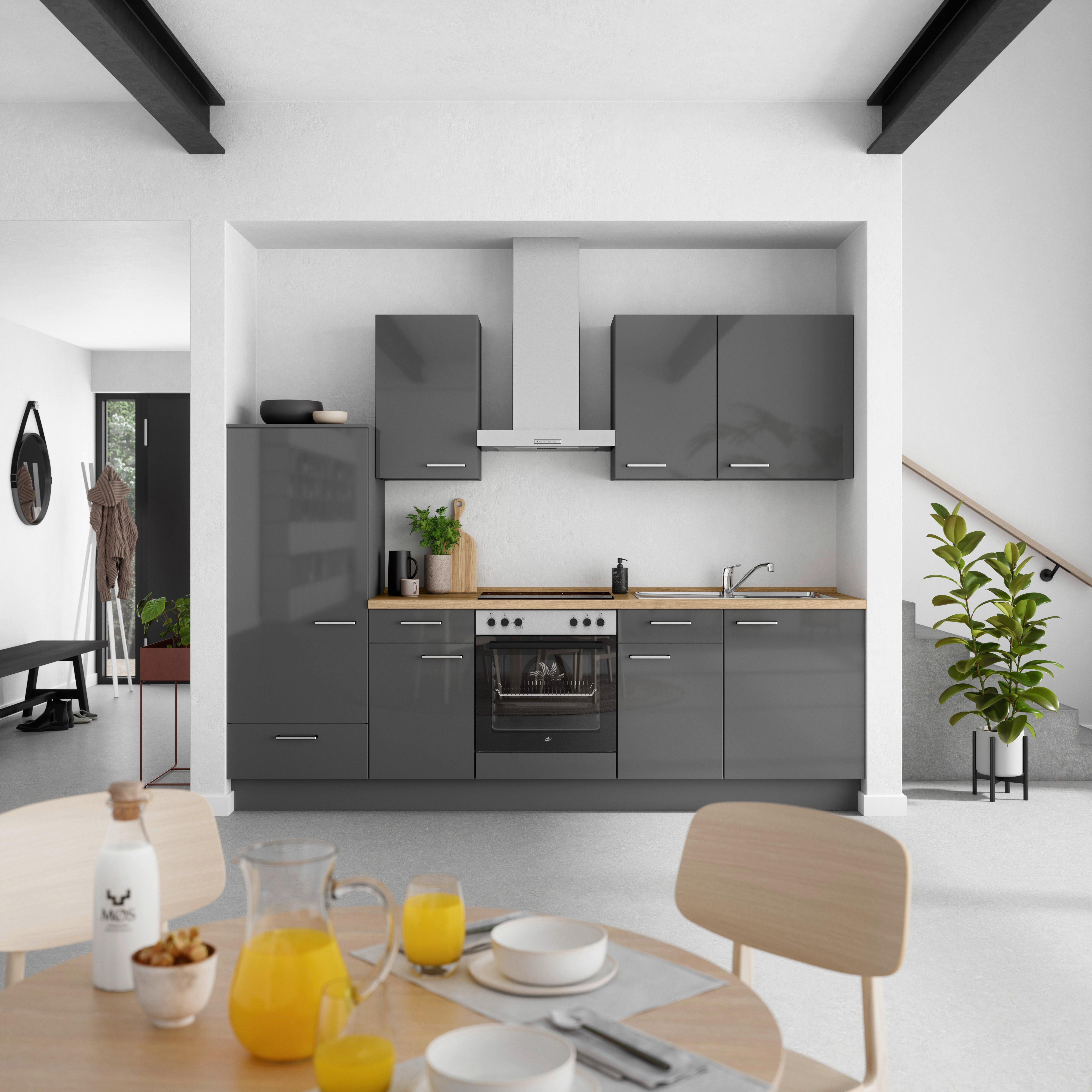 Küchenblock Flash Low m. Geräten Schieferfarben - Schieferfarben/Edelstahlfarben, MODERN, Holzwerkstoff/Metall (270cm) - Nobilia
