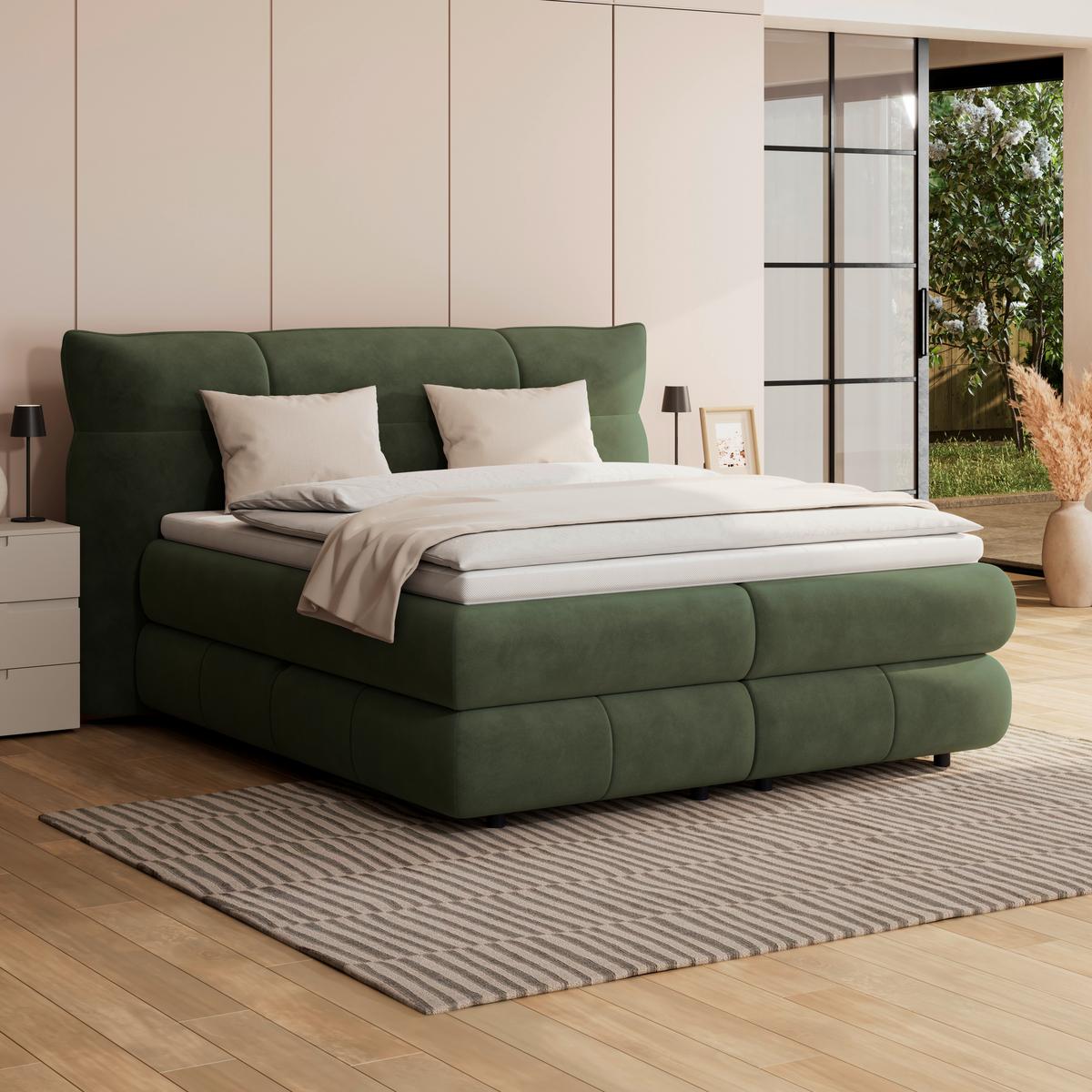Boxspring Krevet Carmelo - tamno zelena/crna, Trend, tekstil/plastika (160/200cm) - Premium Living