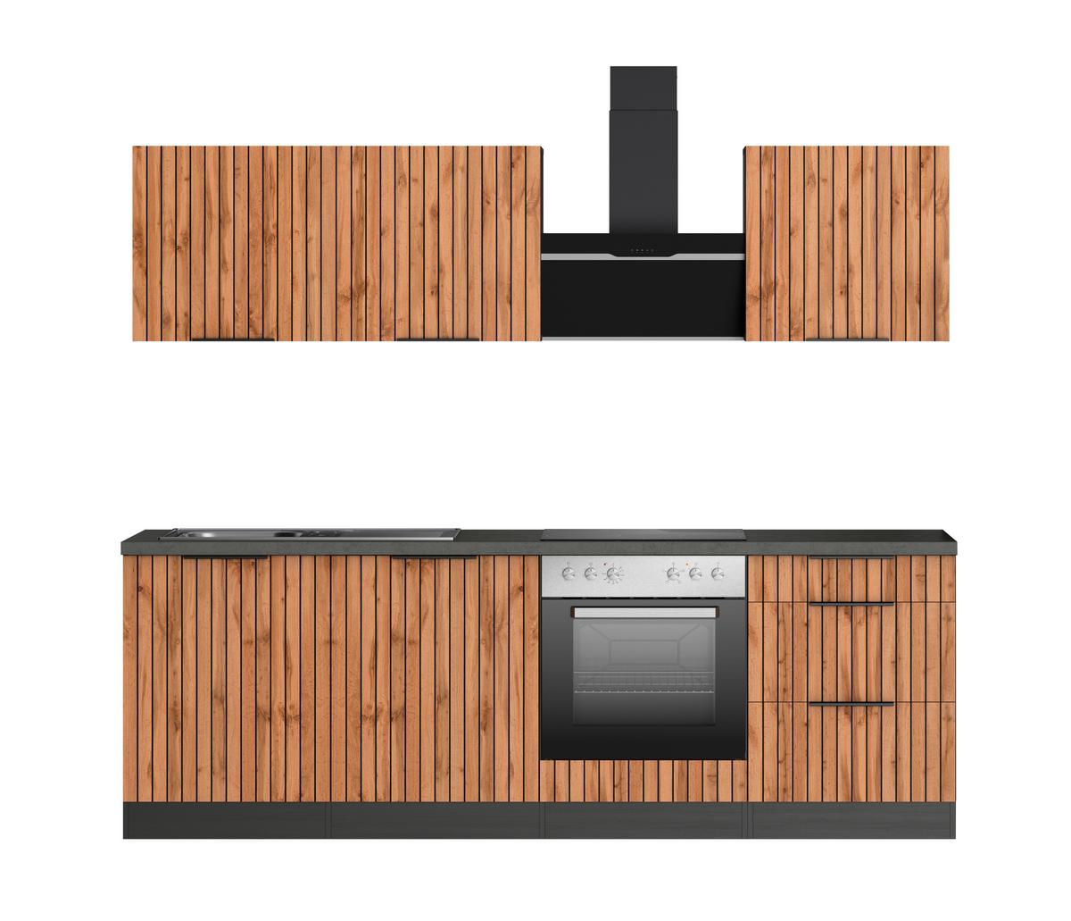 Küchenblock Liverpool m. Geräte Eiche Wotan - Schieferfarben/Eiche Wotan, Basics, Holzwerkstoff/Metall (240cm) - Held