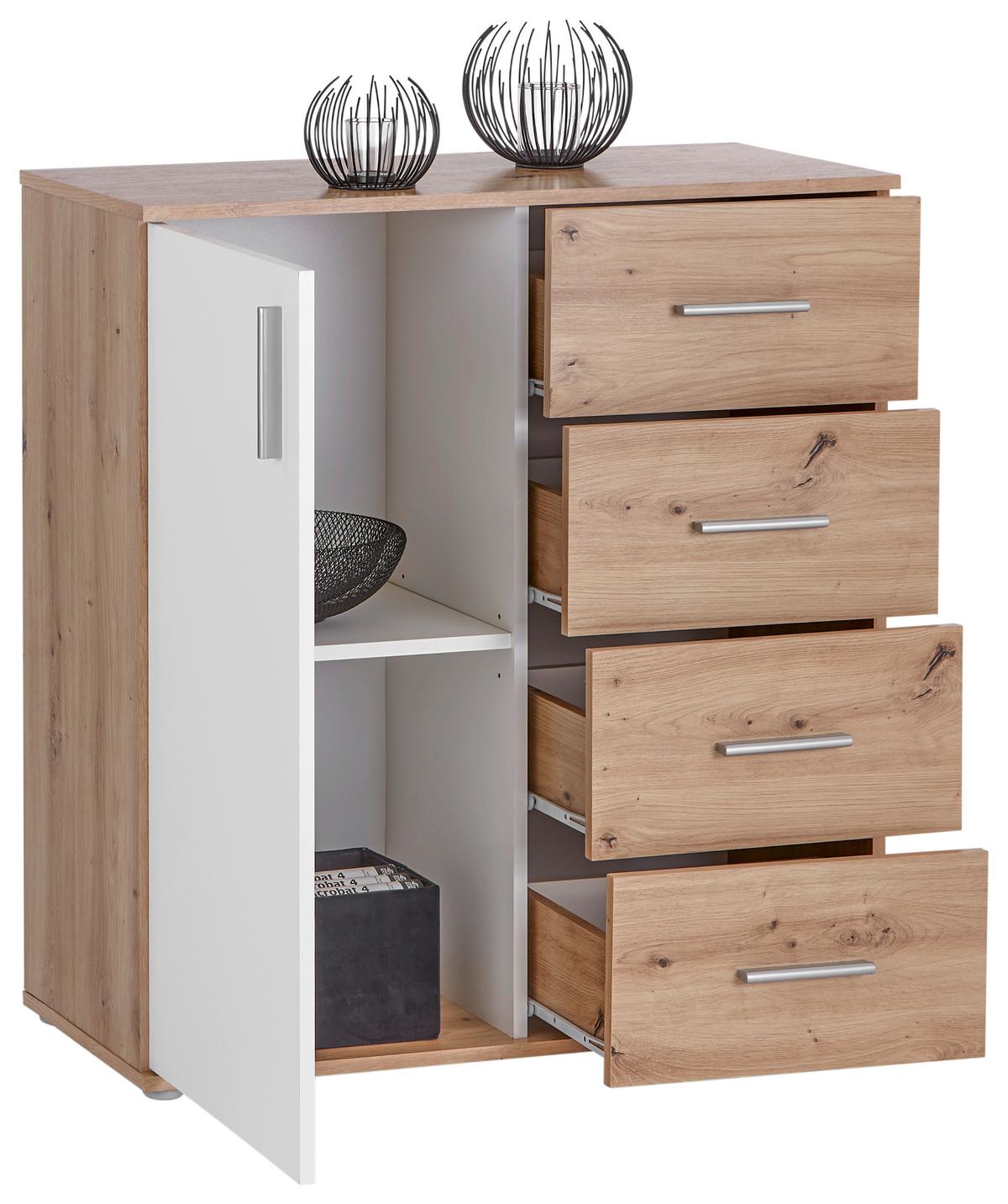 Komoda Ina 02, Barva Hrasta, Bela - bela/barve aluminija, Moderno, umetna masa/leseni material (88,2/94,8/38,3cm) - Mömax