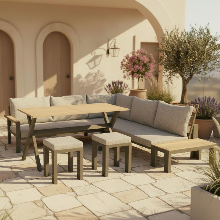 Lounge Garnitura Melina, Siva, 7-Delno - temno siva/naravne barve, Moderno, kovina/tekstil (272/79/84cm) - Bessagi Garden