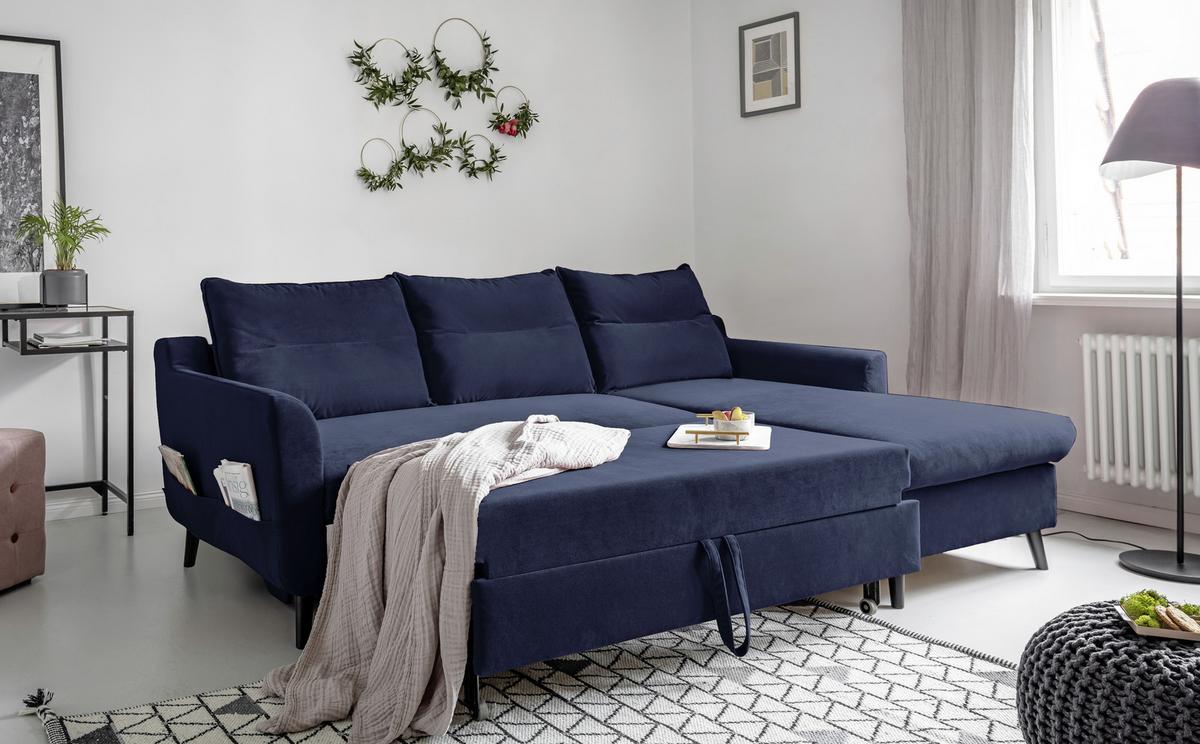 Eckschlafsofa in Dunkelblau ´STYLISH STAN DUNKELBLAU´ - Schwarz/Dunkelblau, Basics, Holz/Textil (230/150cm) - MID.YOU