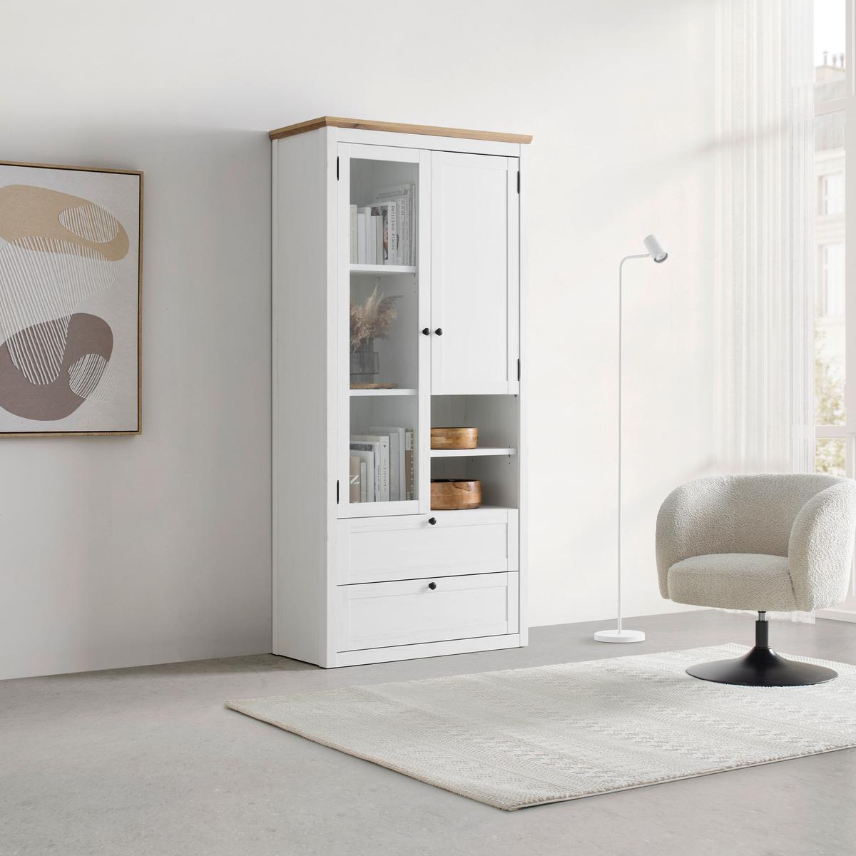 Vitrine Korsika Eichefarben/Weiß - Eichefarben/Schwarz, ROMANTIK / LANDHAUS, Glas/Holzwerkstoff (90/195/43cm) - Mömax