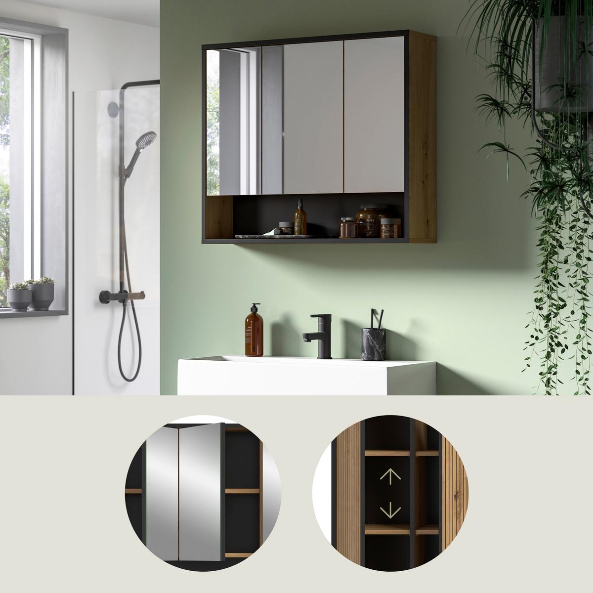 Spiegelschrank Bagno Eiche Artisan/Schwarz - Trend, Glas/Holzwerkstoff (80/68/19cm) - MID.YOU