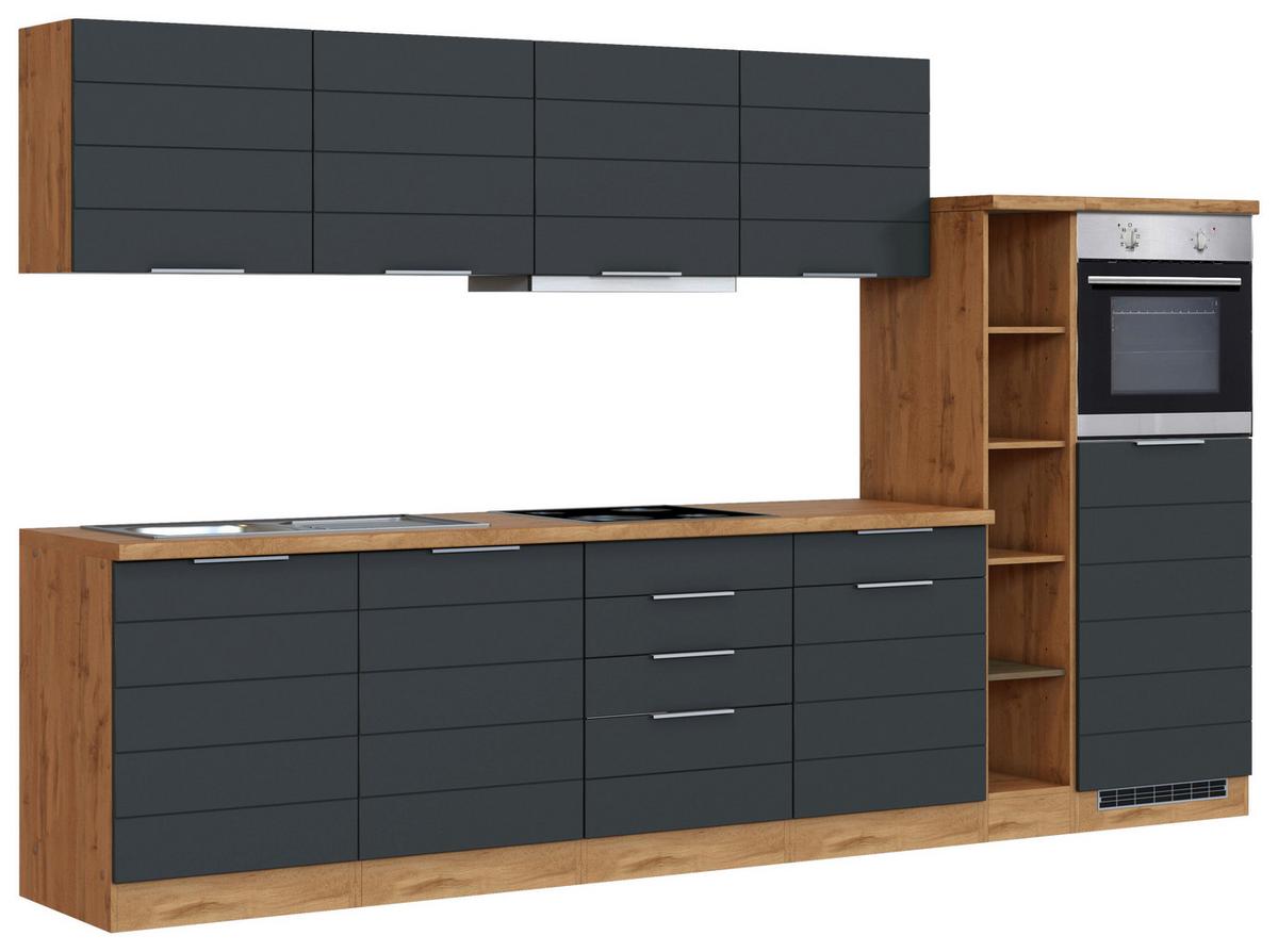 Küchenblock Florenz mit Geräten ca. 330 cm Grau/Eiche - Eiche Wotan/Grau, Design, Holzwerkstoff/Metall (330cm) - Held