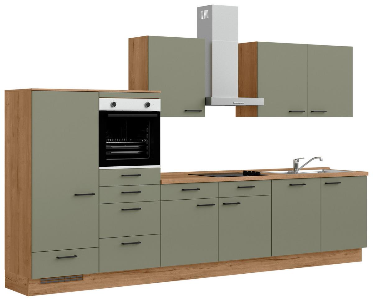 Küchenleerblock Senso Low o. Geräte Olivgrün - Eichefarben/Schwarz, MODERN, Holzwerkstoff/Metall (360cm) - Nobilia