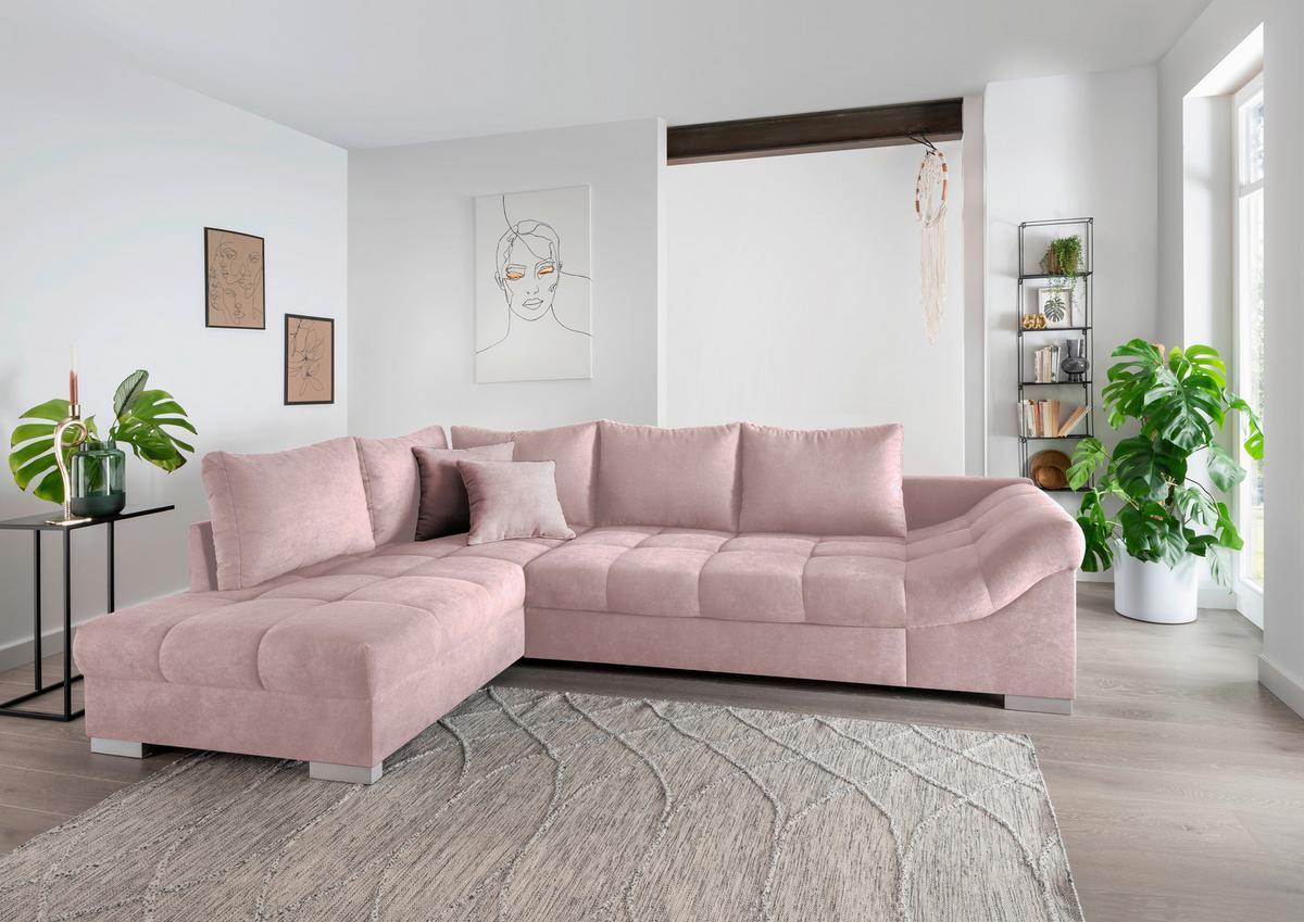 Wohnlandschaft Alvito Rosa Nylon/Mikrofaser - Silberfarben/Rosa, Design, Holz/Textil (202/298cm) - MID.YOU