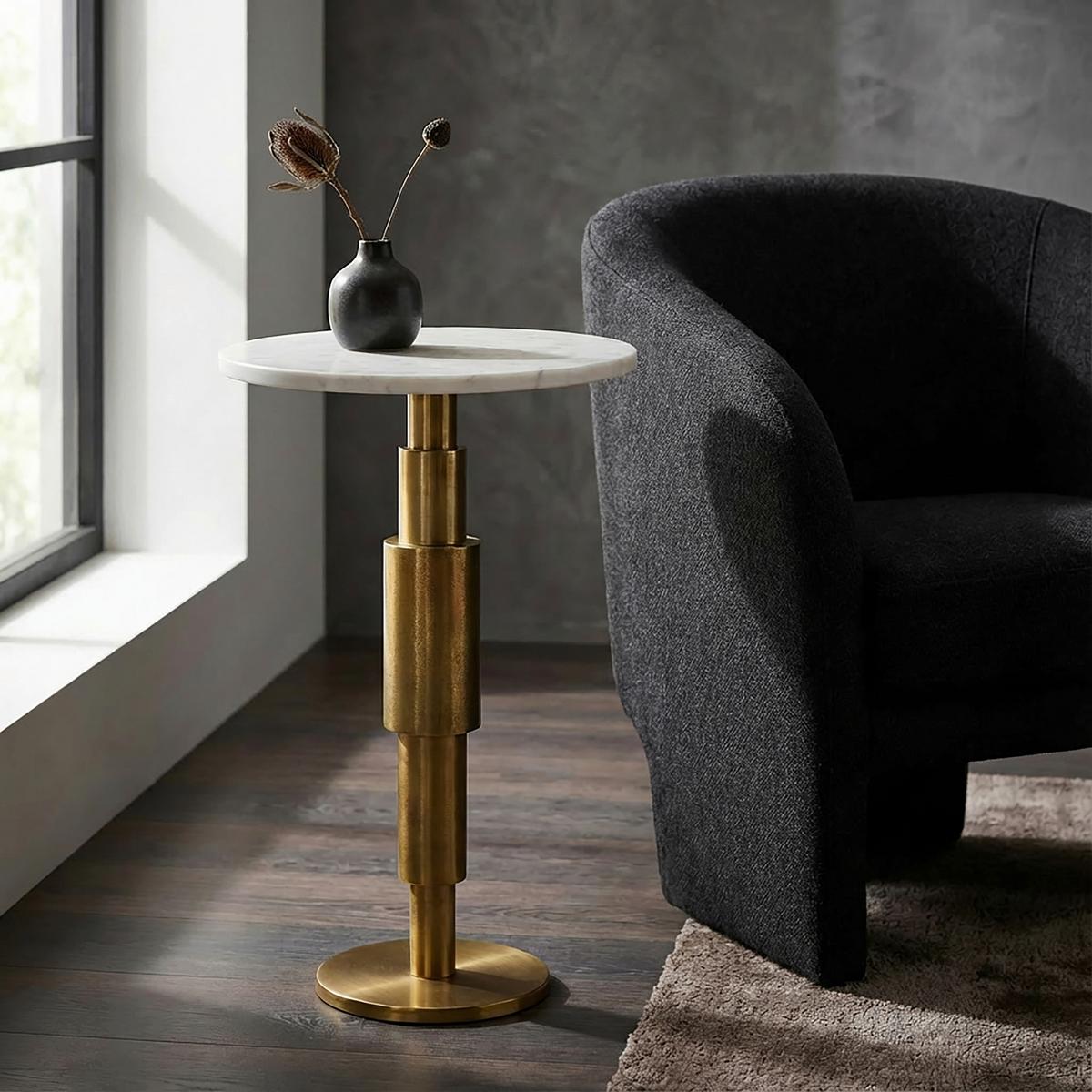 Beistelltisch Wl7.370 - Weiss/Goldfarben, Design, Stein/Metall (37/37/59cm) - Livetastic