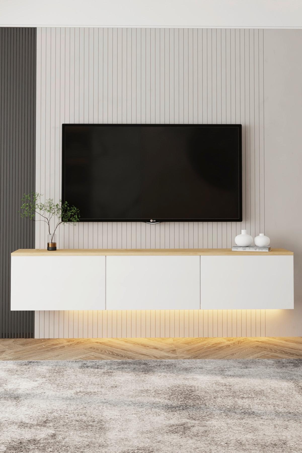 LOWBOARD NEON TV-MÖBEL - Weiss/Eichefarben, Design, Holzwerkstoff (160/35/32cm) - Livetastic