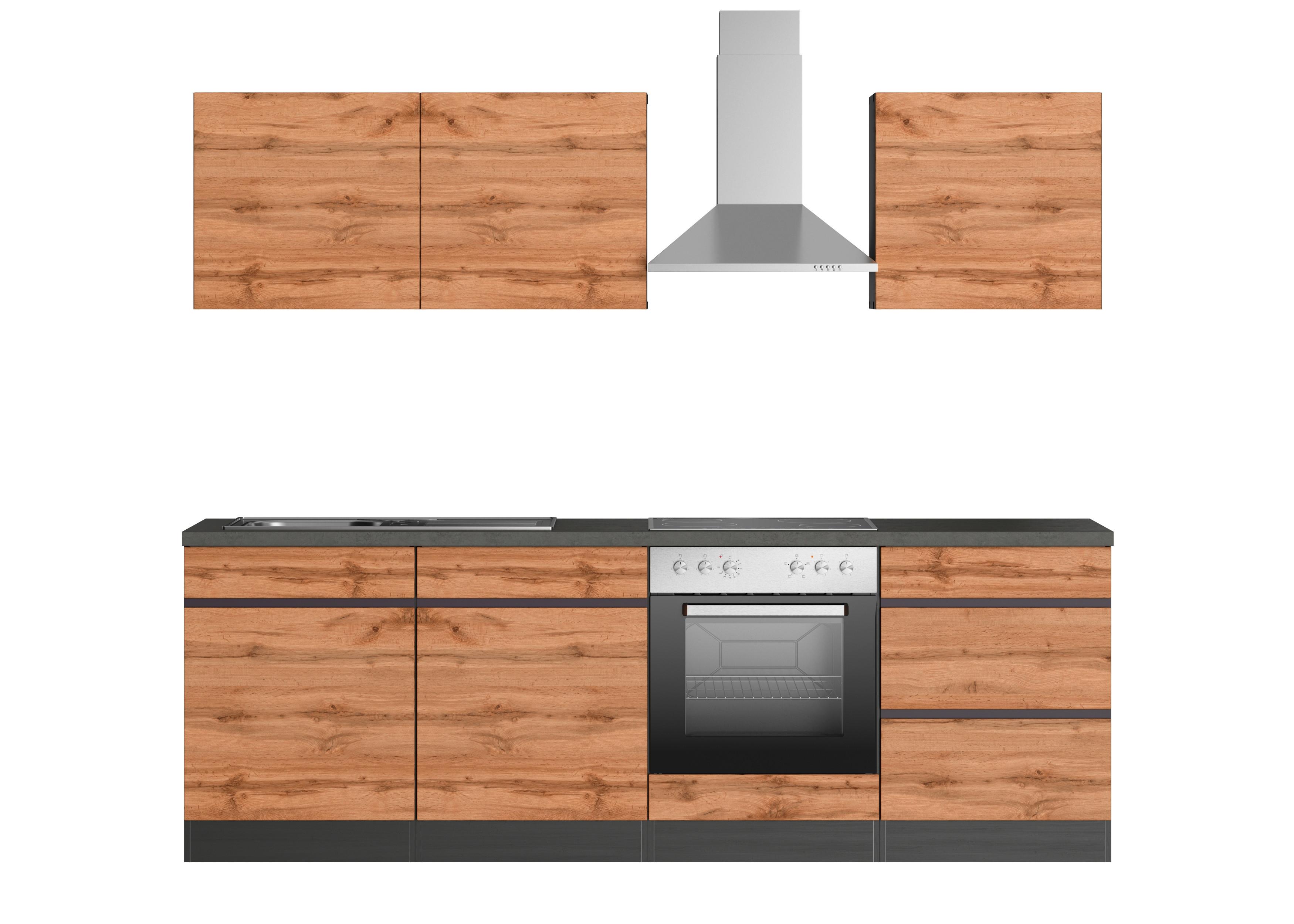 Küchenblock Turin mit Geräten ca. 240 cm Grau/Eiche - Eiche Wotan/Graphitfarben, Design, Holzwerkstoff (240cm) - Held