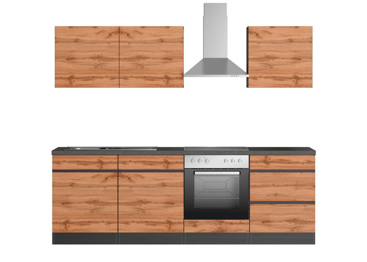 Küchenblock Turin mit Geräten ca. 240 cm Grau/Eiche - Eiche Wotan/Graphitfarben, Design, Holzwerkstoff (240cm) - Held