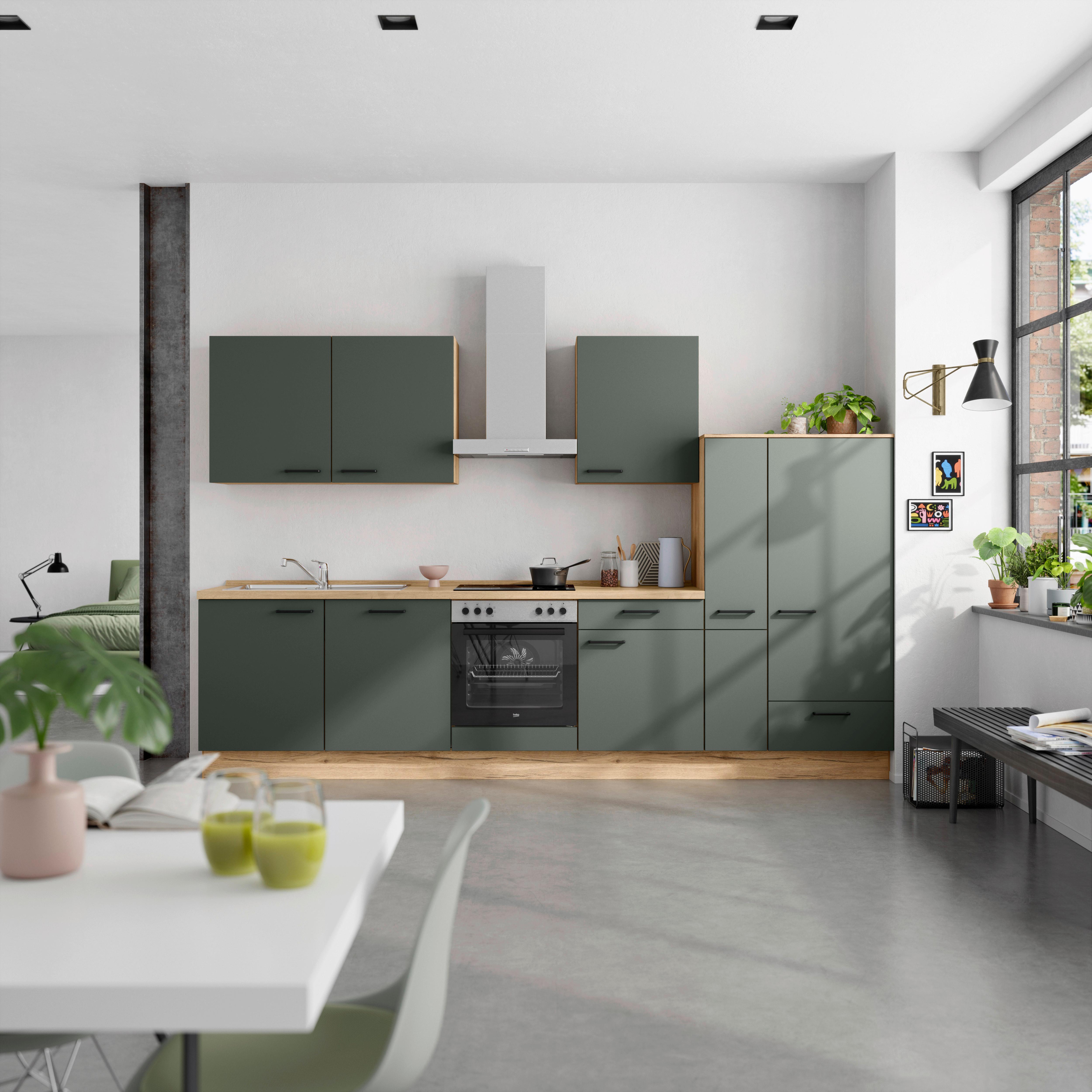 Küchenblock Easytouch m. Geräten Dunkelgrün - Dunkelgrün/Eichefarben, MODERN, Holzwerkstoff/Metall (330cm) - Nobilia