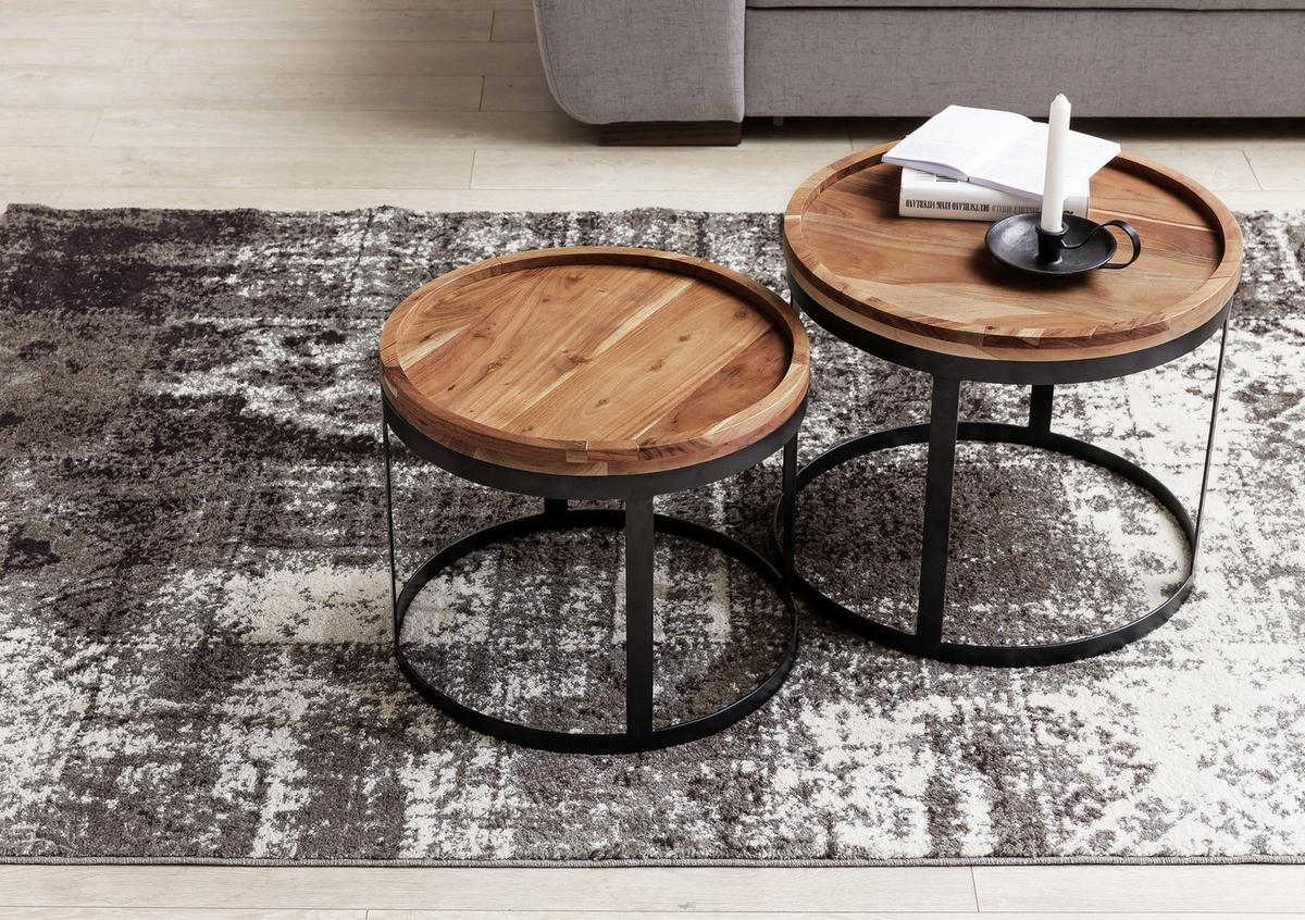 Beistelltischset "Akola", 2-er Set, aus Sheesham - Sheeshamfarben/Schwarz, Design, Holz/Metall (53/53/45cm) - MID.YOU