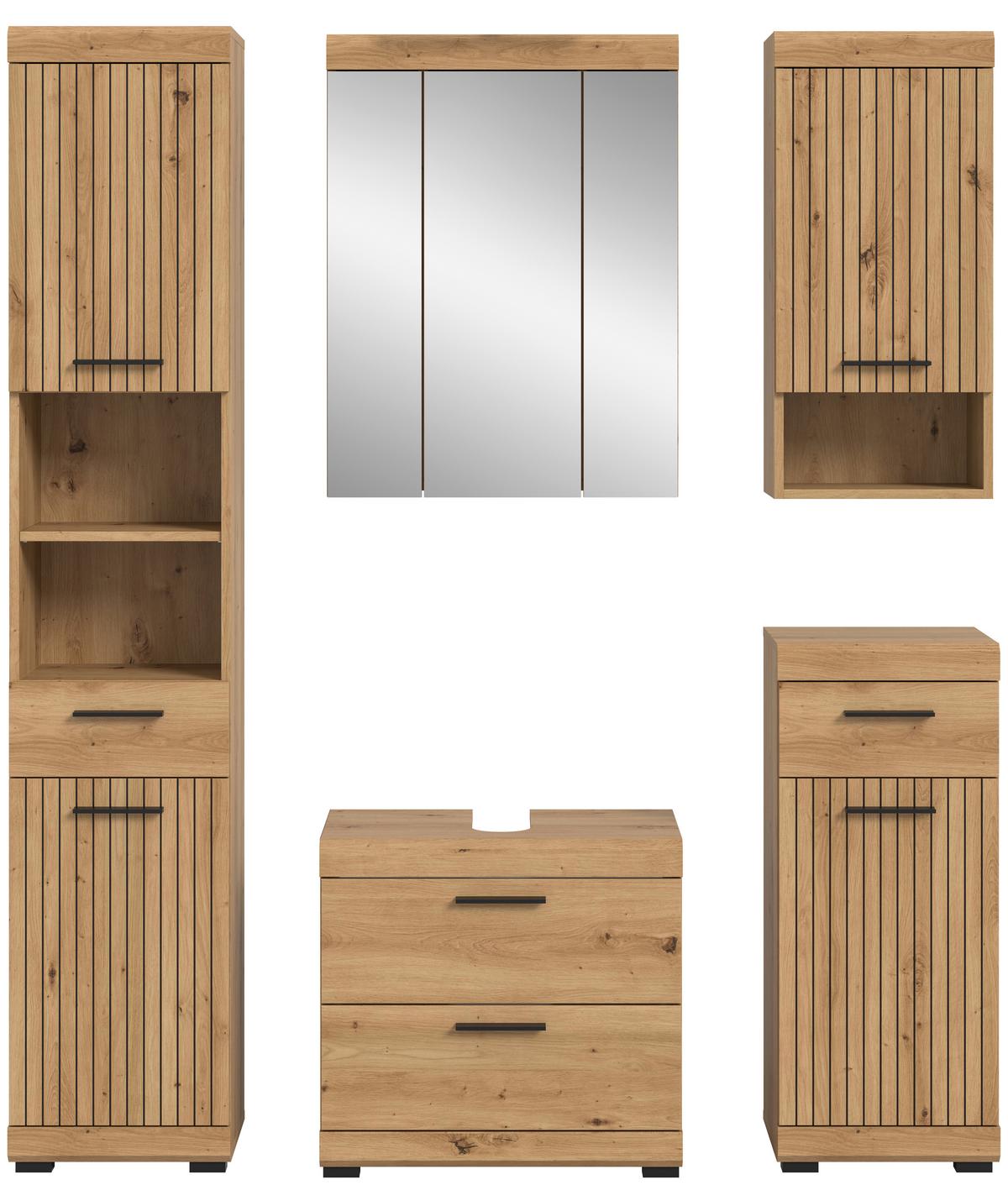 Badezimmer Scout Eiche Artisan 5-teilig - Schwarz/Eiche Artisan, Trend, Glas/Holzwerkstoff (134cm) - MID.YOU