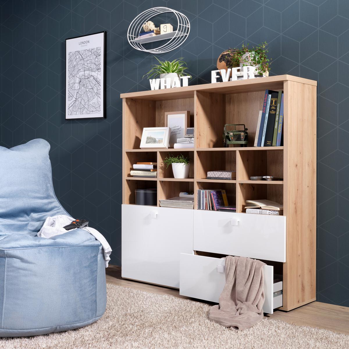 Regal Lago - bijela/boje hrasta, Moderno, drvni materijal (131,4/130/35cm) - Premium Living