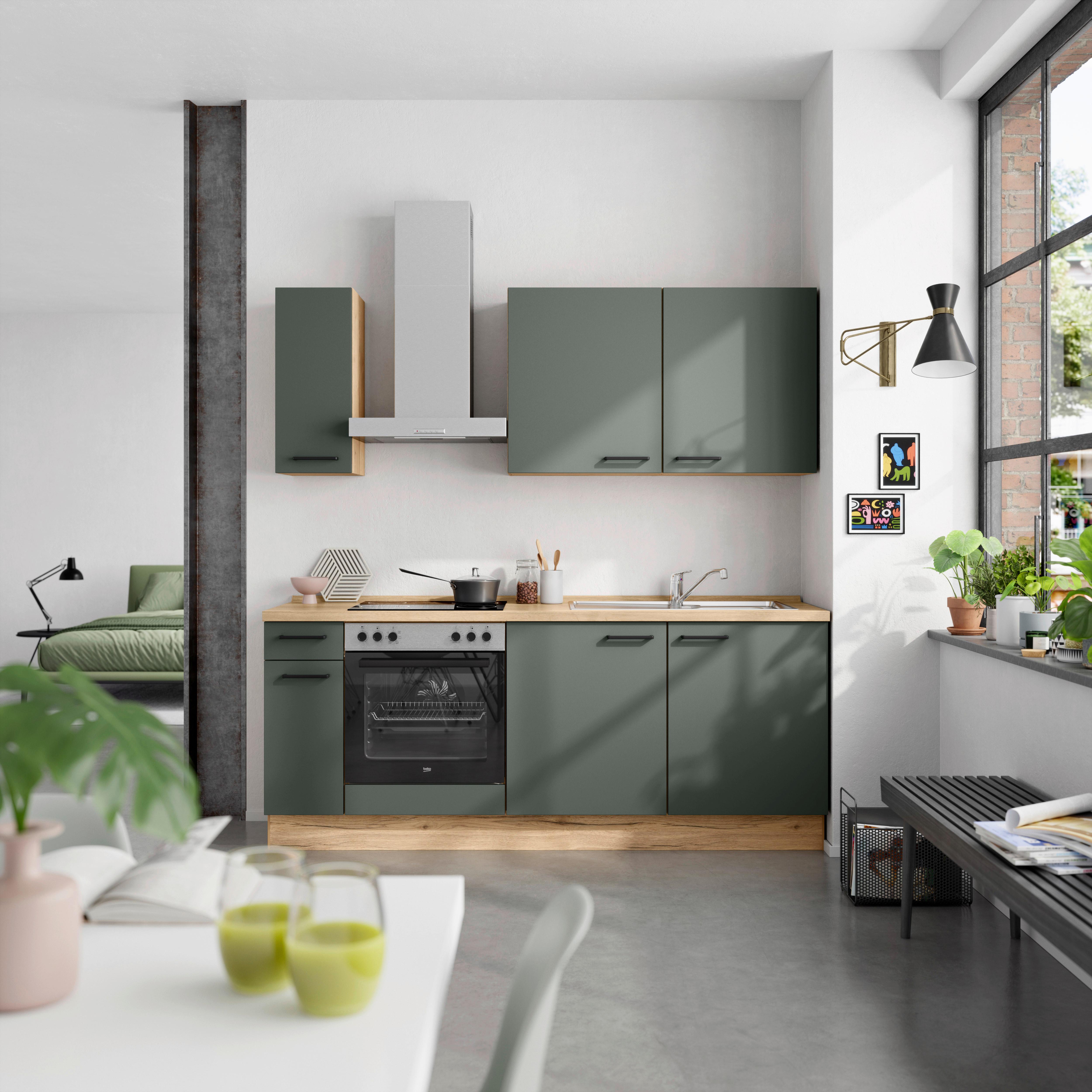 Küchenblock Easytouch Low m. Geräten Dunkelgrün - Dunkelgrün/Eichefarben, MODERN, Holzwerkstoff/Metall (210cm) - Nobilia