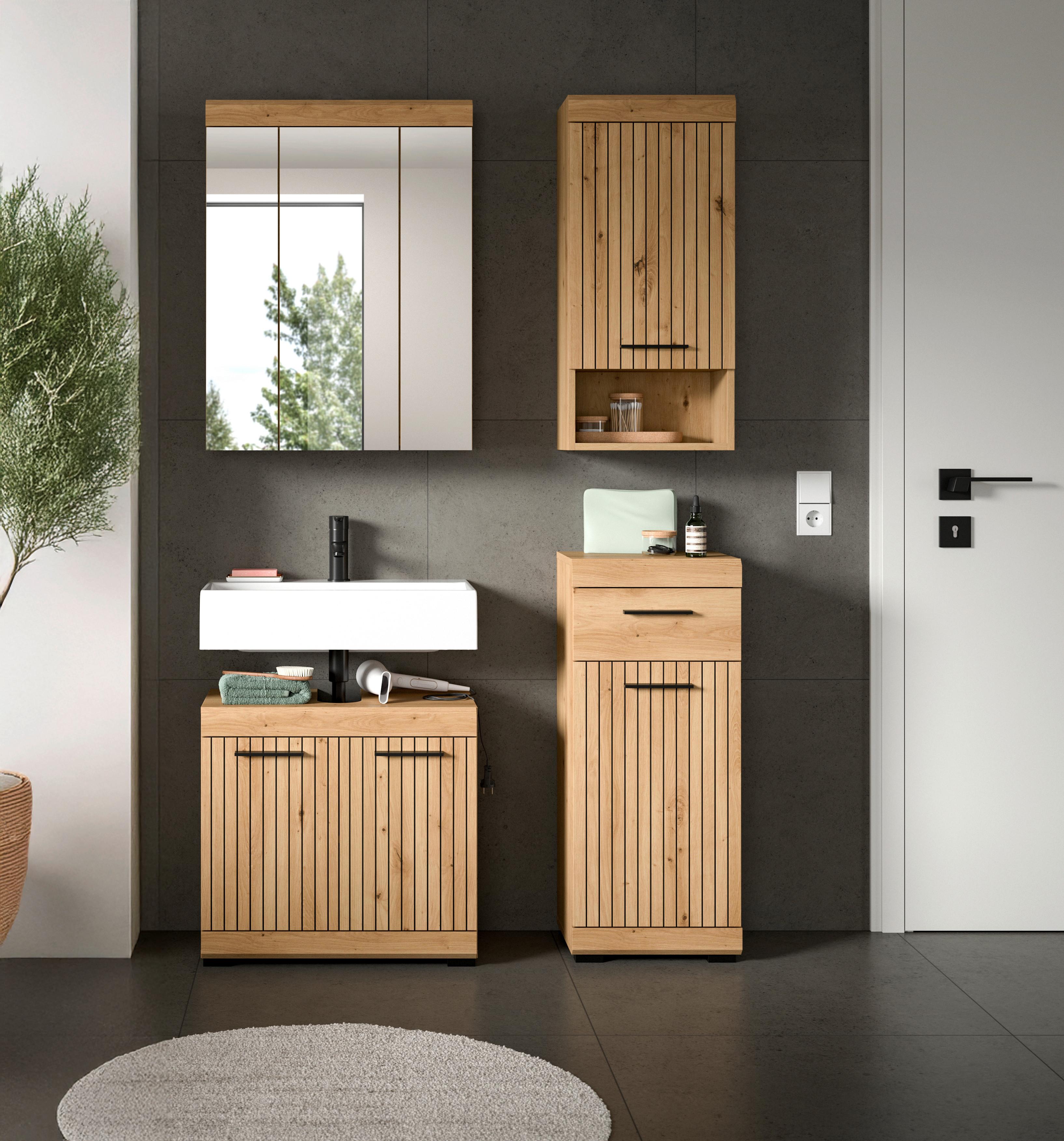 Badezimmer Scout Eiche Artisan 4-teilig - Schwarz/Eiche Artisan, Trend, Glas/Holzwerkstoff (97cm) - MID.YOU