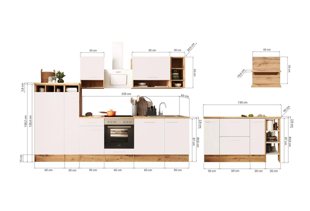 Küchenblock Hilde m. Insel m. Geräten ca.310cm Eiche/Grau - Wildeiche/Alufarben, Design, Holzwerkstoff/Metall (310-150cm) - Respekta