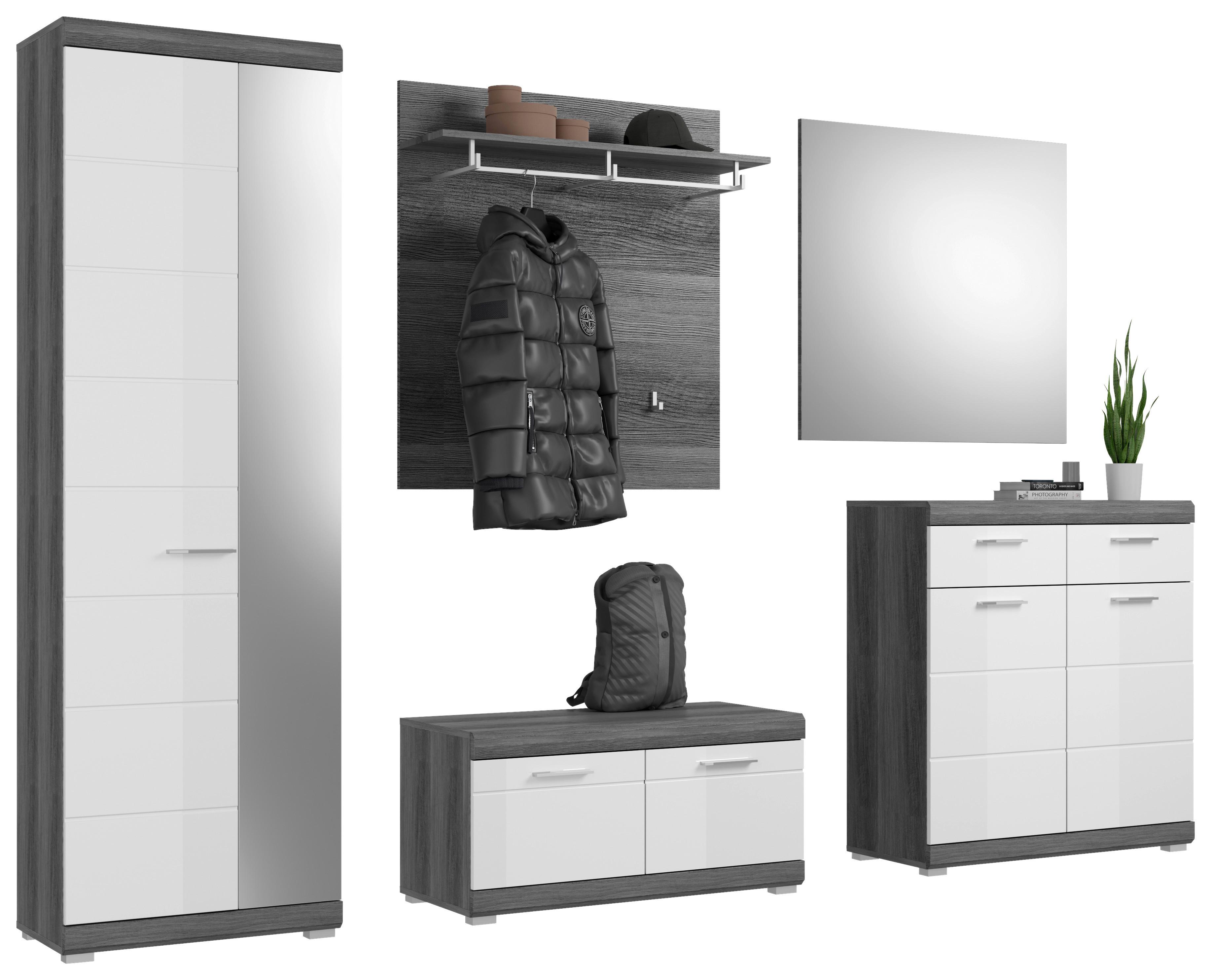 Garderobe Scout 5-tlg. ca. 272x197 cm Weiß/Grau - Dunkelgrau/Weiß Hochglanz, Design, Glas/Holzwerkstoff (272/197/40cm) - MID.YOU