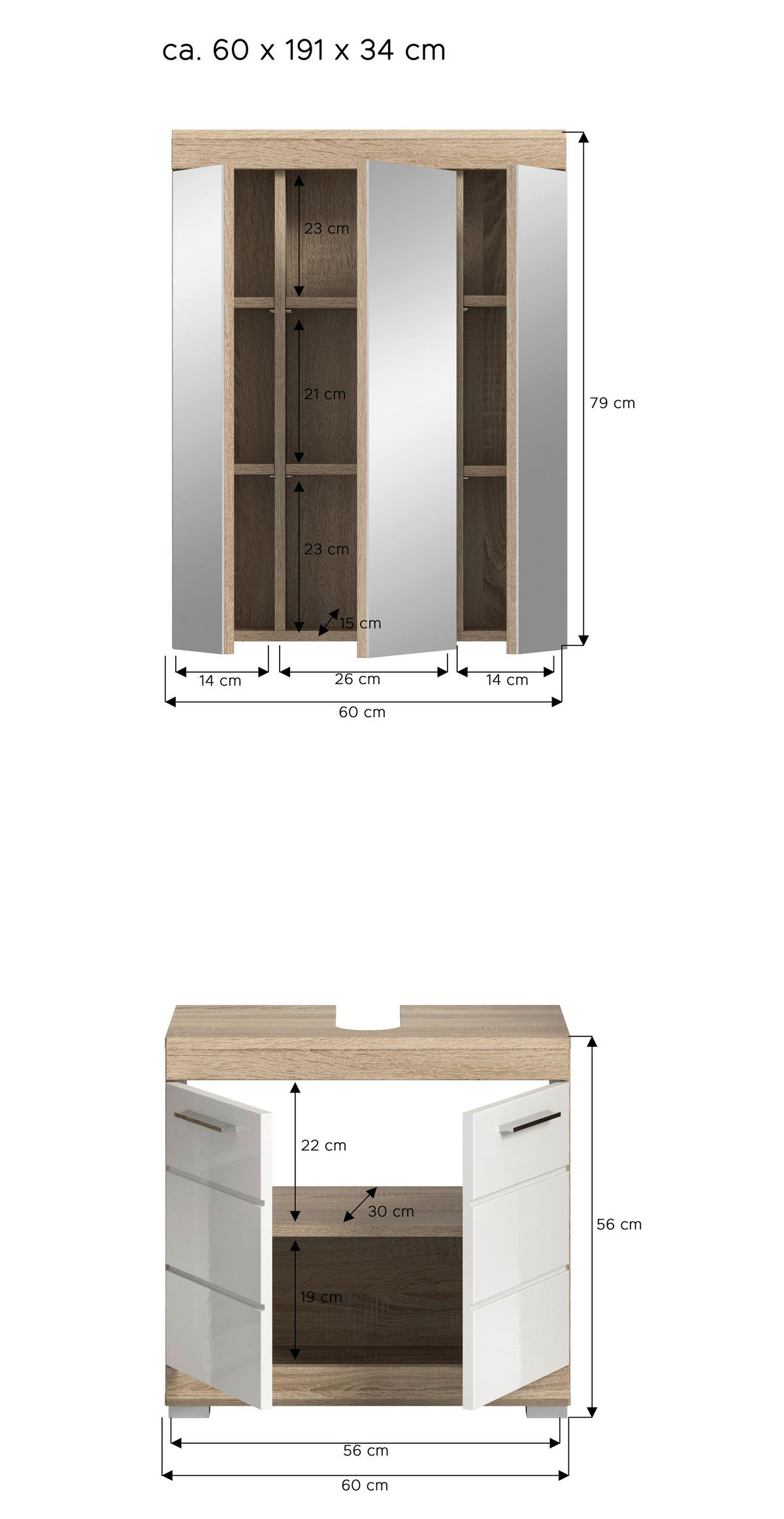 Kopalnica Lambada, Barva Hrasta, Bela, 2-Delna - srebrne barve/bela, Moderno, umetna masa/steklo (60cm) - MID.YOU