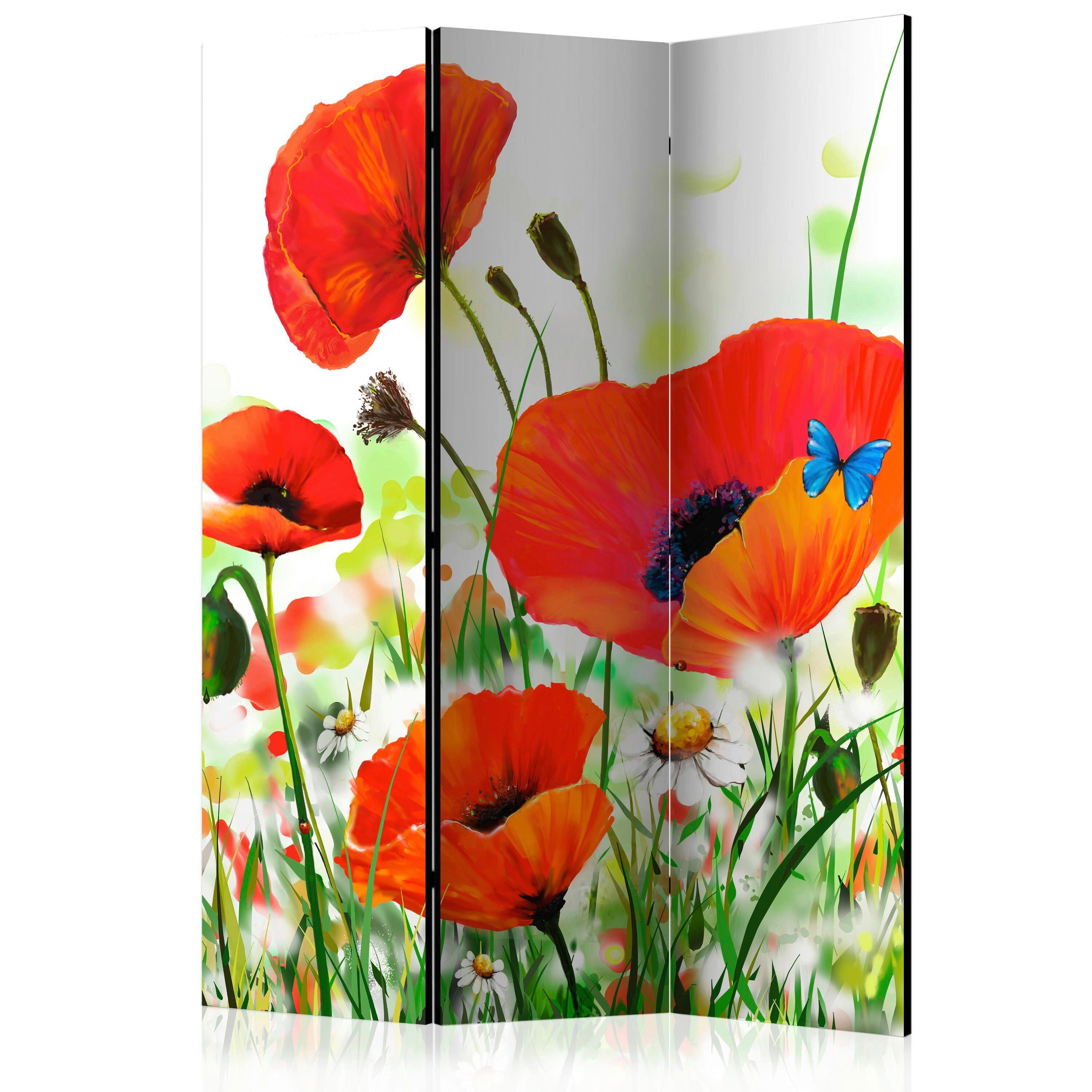 Paravan Country Poppies, Dvostranski, 3-Delni - rdeča/zelena, Basics, tekstil/les (135/172/3cm) - artgeist