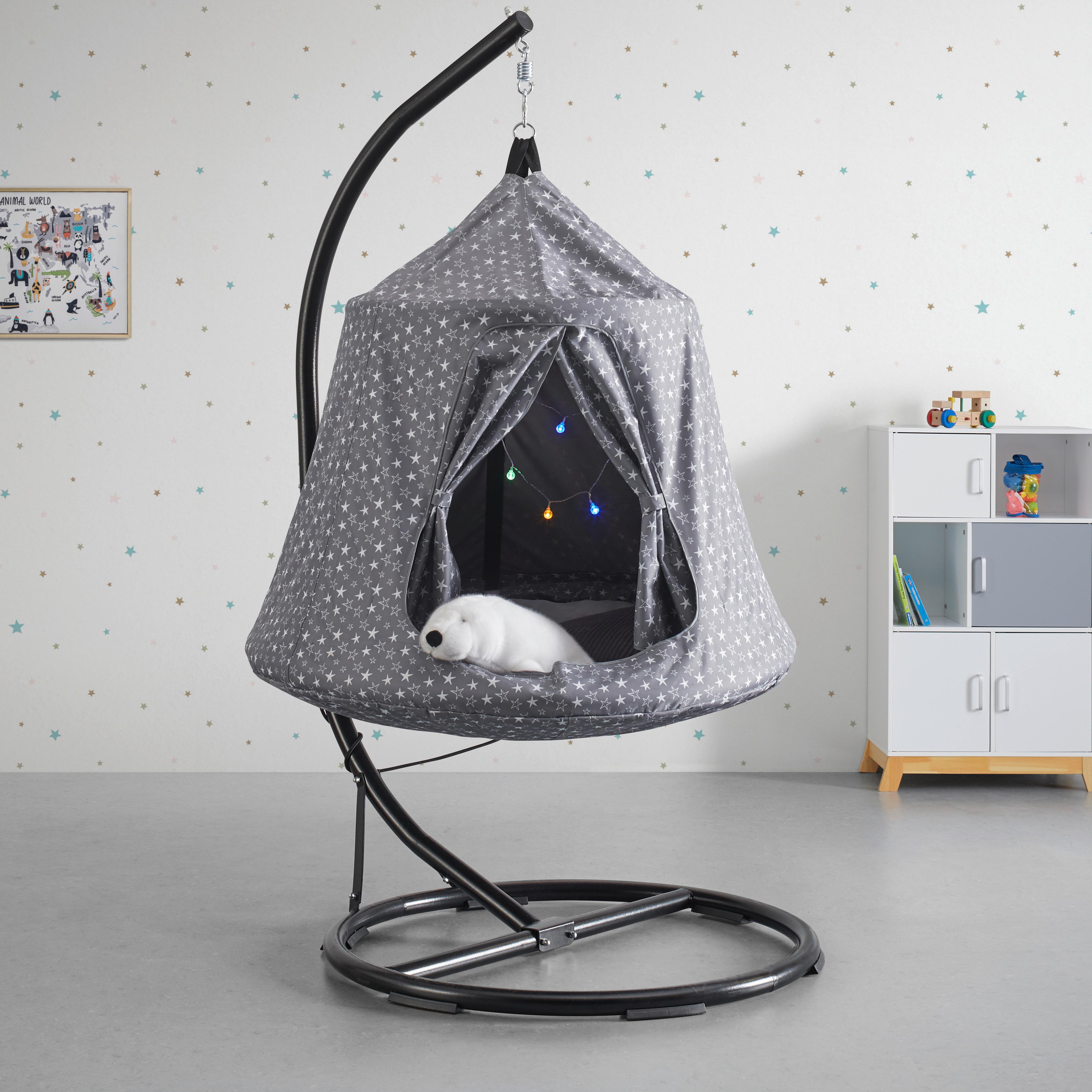 Hängesessel Maya Grau/Weiß inkl. Kissen - Schwarz/Weiß, MODERN, Textil/Metall (110/190/110cm) - Bessagi Kids