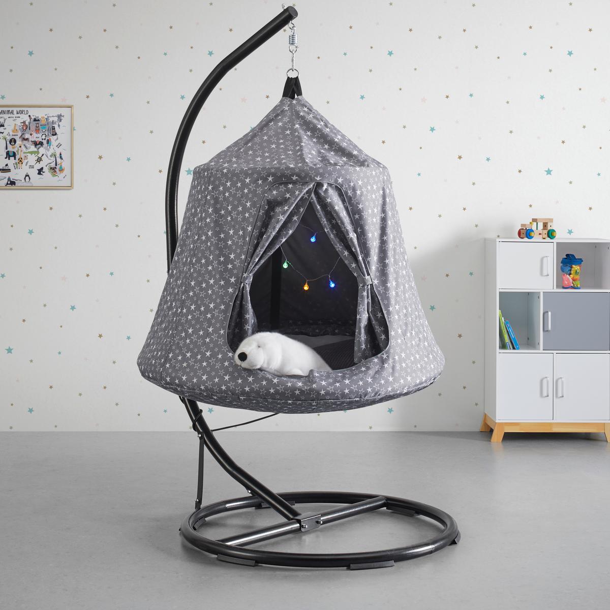 Hängesessel Maya Grau/Weiß inkl. Kissen - Schwarz/Weiß, MODERN, Textil/Metall (110/190/110cm) - Bessagi Kids