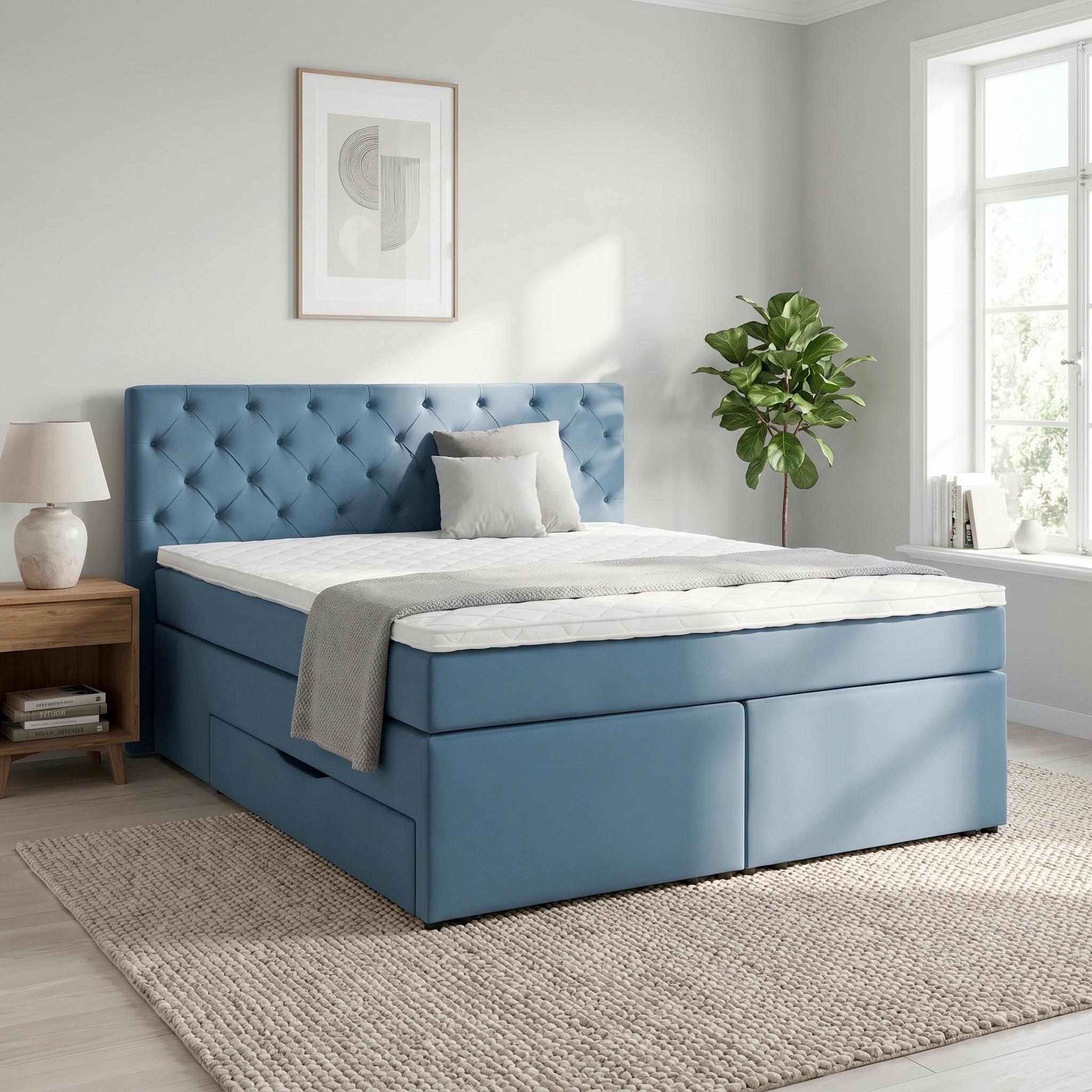 Pat Boxspring Chester - albastru, textil/material pe bază de lemn (160/200cm) - Modern Living