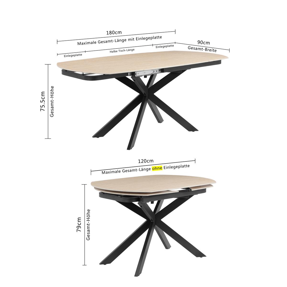 Raztegljiva Miza Senna, Bež, 120-180x90 - črna/bež, Moderno, kamen/kovina (120-180/90/75.5-79cm) - P & B