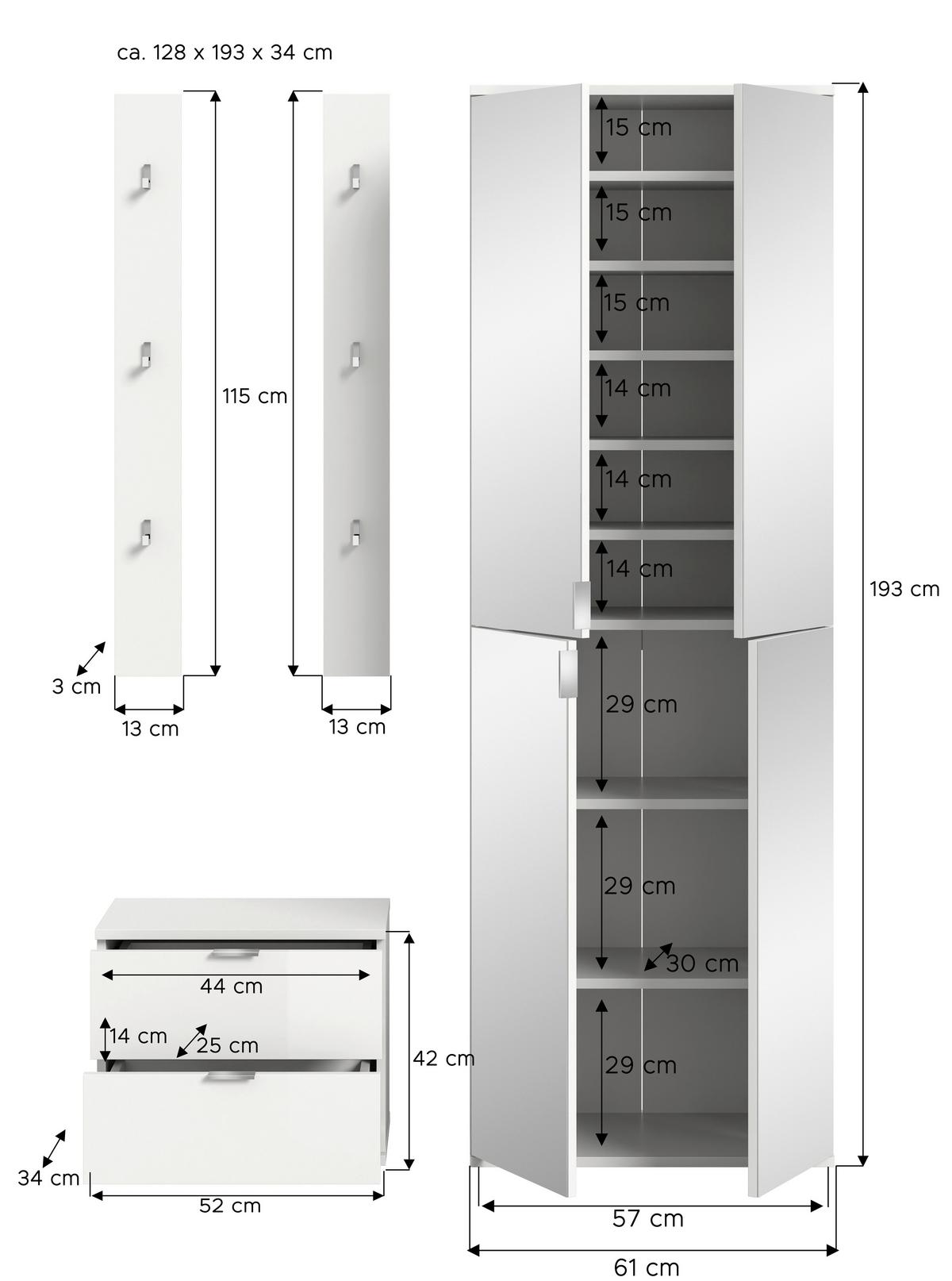 GARDEROBE PROJEKT X - Weiss Hochglanz/Weiss, Design, Holzwerkstoff (128/193/34cm) - Livetastic