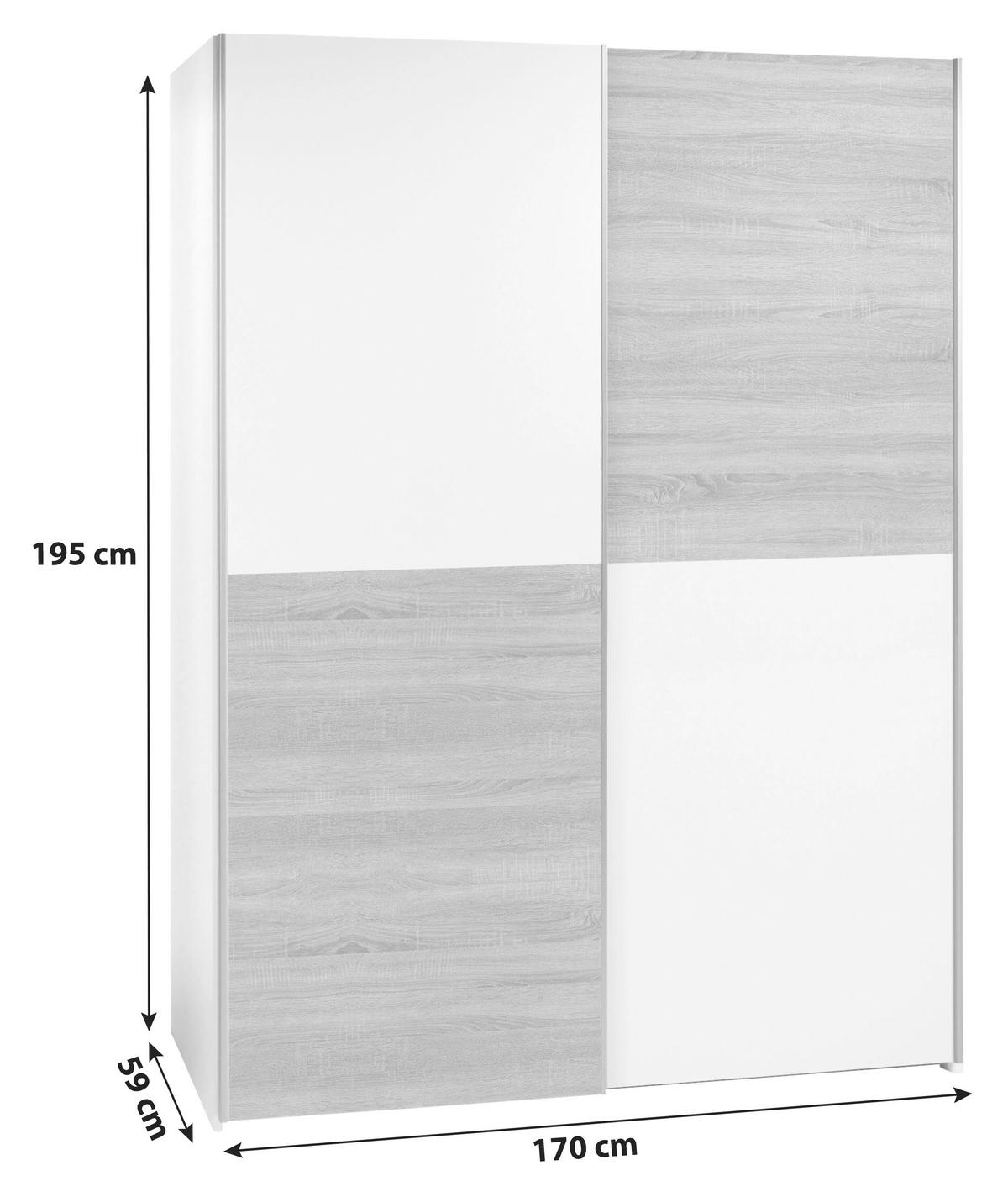 Omara Z Drsnimi Vrati Time, Bela, Barva Hrasta - bela/barve aluminija, Design, kovina/leseni material (170/195/57,5cm) - P & B