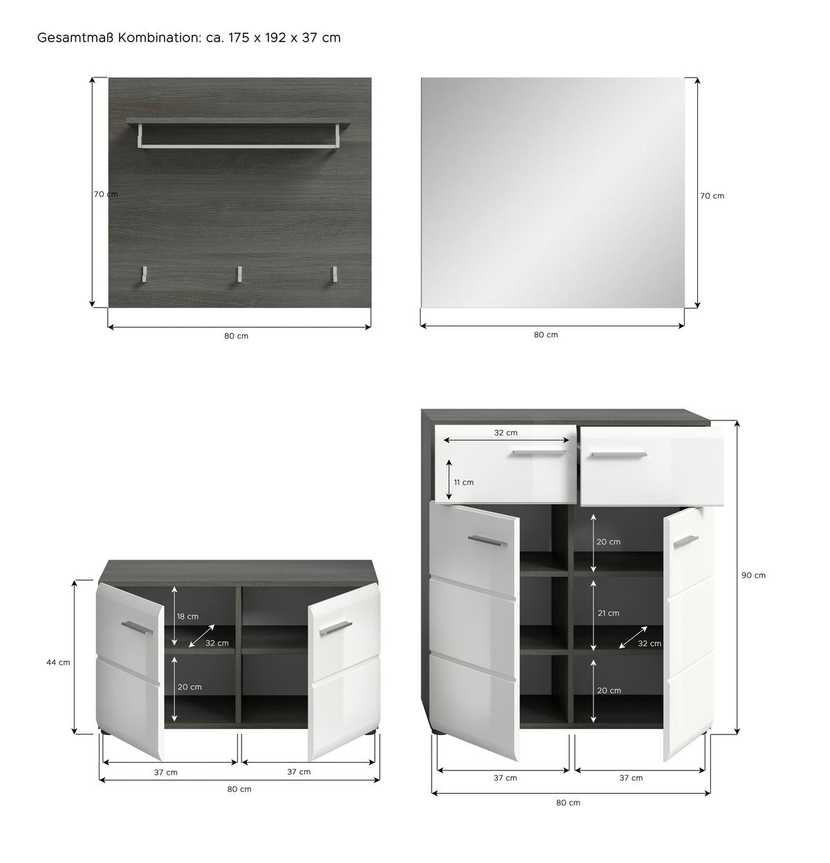 Garderobe Salsa 4-tlg. ca. 175x192x37 cm Weiß/Rauchs. - Weiß Hochglanz, Design, Glas/Holzwerkstoff (175/192/37cm) - MID.YOU