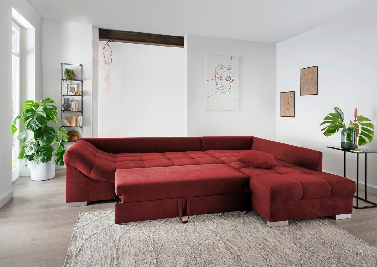 Wohnlandschaft Alvito Rot Nylon/Mikrofaser - Rot/Silberfarben, Design, Holz/Textil (298/202cm) - MID.YOU