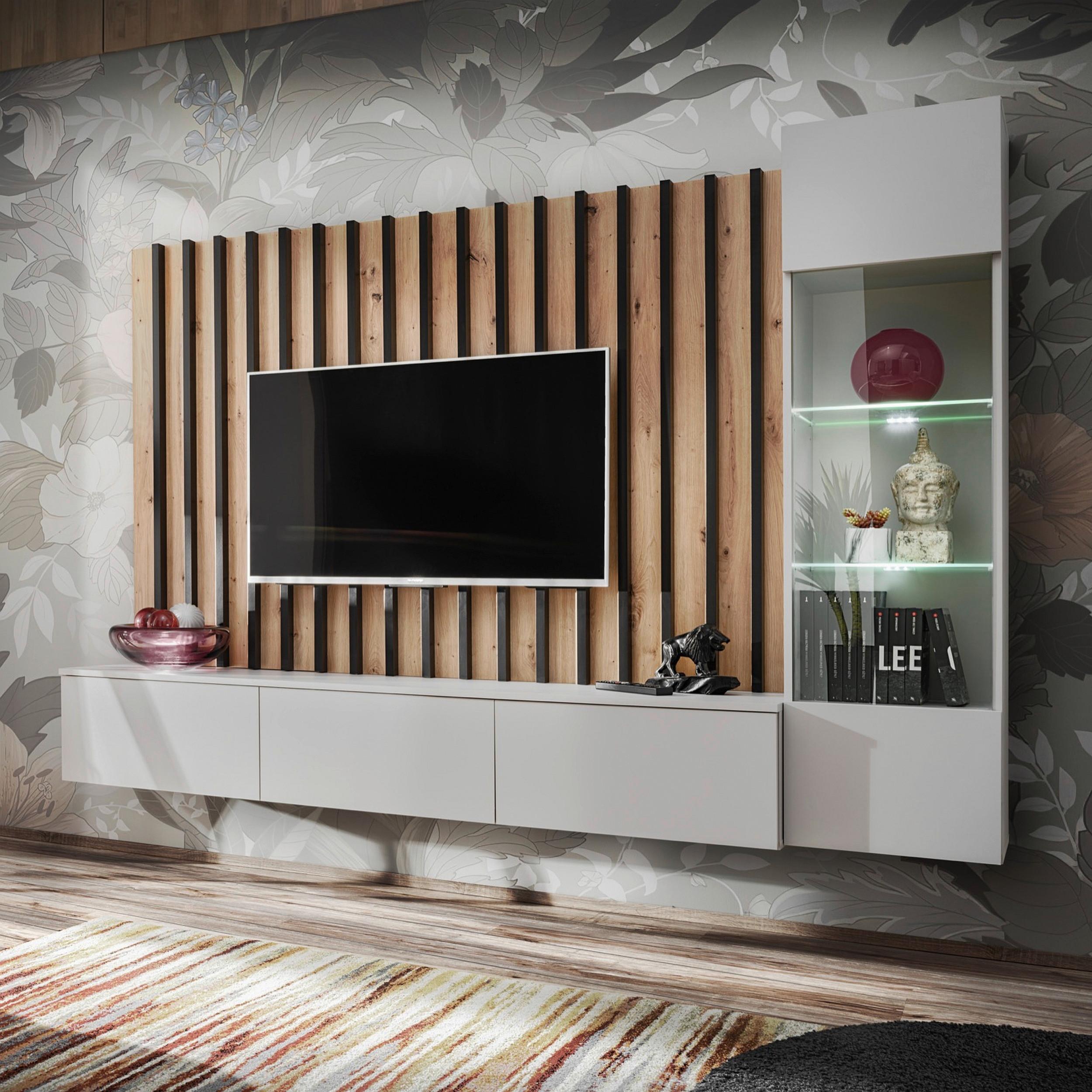 Wohnwand Verti Hellgrau/Eiche Artisan - Hellgrau/Eiche Artisan, MODERN, Glas/Holzwerkstoff (220/148/35cm) - P & B