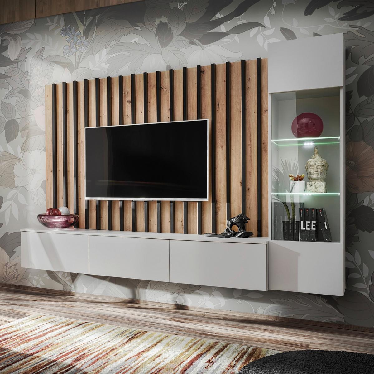 Wohnwand Verti Hellgrau/Eiche Artisan - Hellgrau/Eiche Artisan, MODERN, Glas/Holzwerkstoff (220/148/35cm) - P & B
