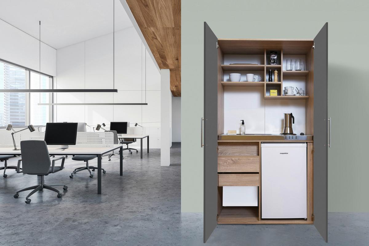 Schrankküche Grau Kühlschrank + Kochfeld  B: ca. 104 cm - Edelstahlfarben/Eichefarben, KONVENTIONELL, Holzwerkstoff/Metall (104/193/67cm) - Respekta