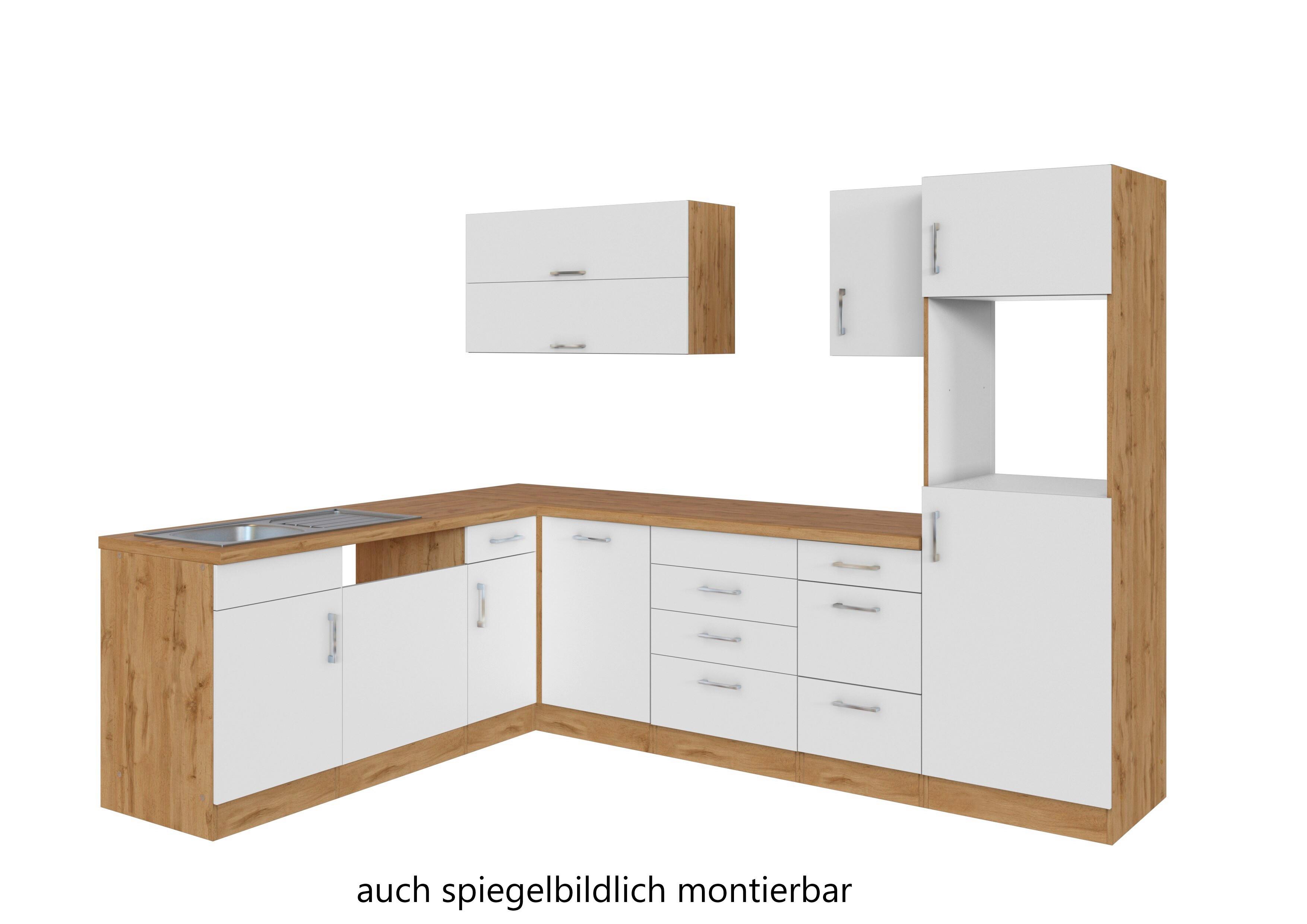 Eckküche Winkelblock ohne Geräte ca. 210x270 cm Weiß - Eichefarben/Alufarben, MODERN, Holzwerkstoff/Metall (210/270cm) - Held