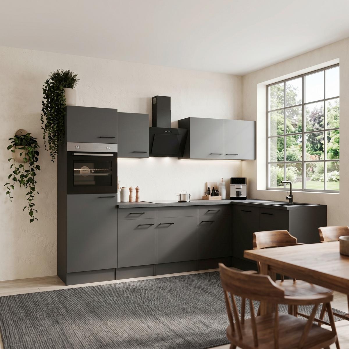 Eckküche Oliver m. Geräten ca. 280x172cm Grau/Dunkelgrau - Dunkelgrau/Schwarz, Design, Holzwerkstoff/Metall (280/172cm) - Respekta