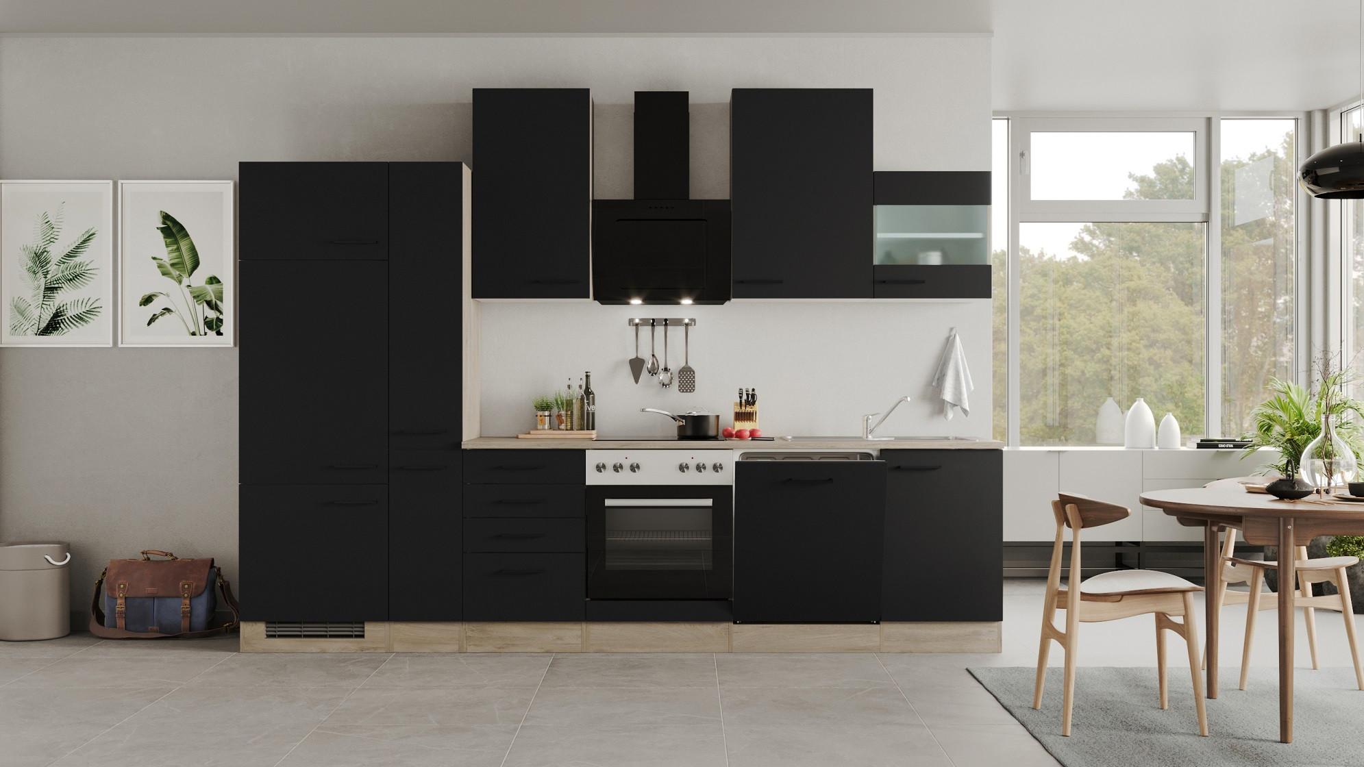 Kuhinjski Blok Capri, Črna, Hrast - črna/barve hrasta, Moderno, kovina/leseni material (310cm) - FlexWell