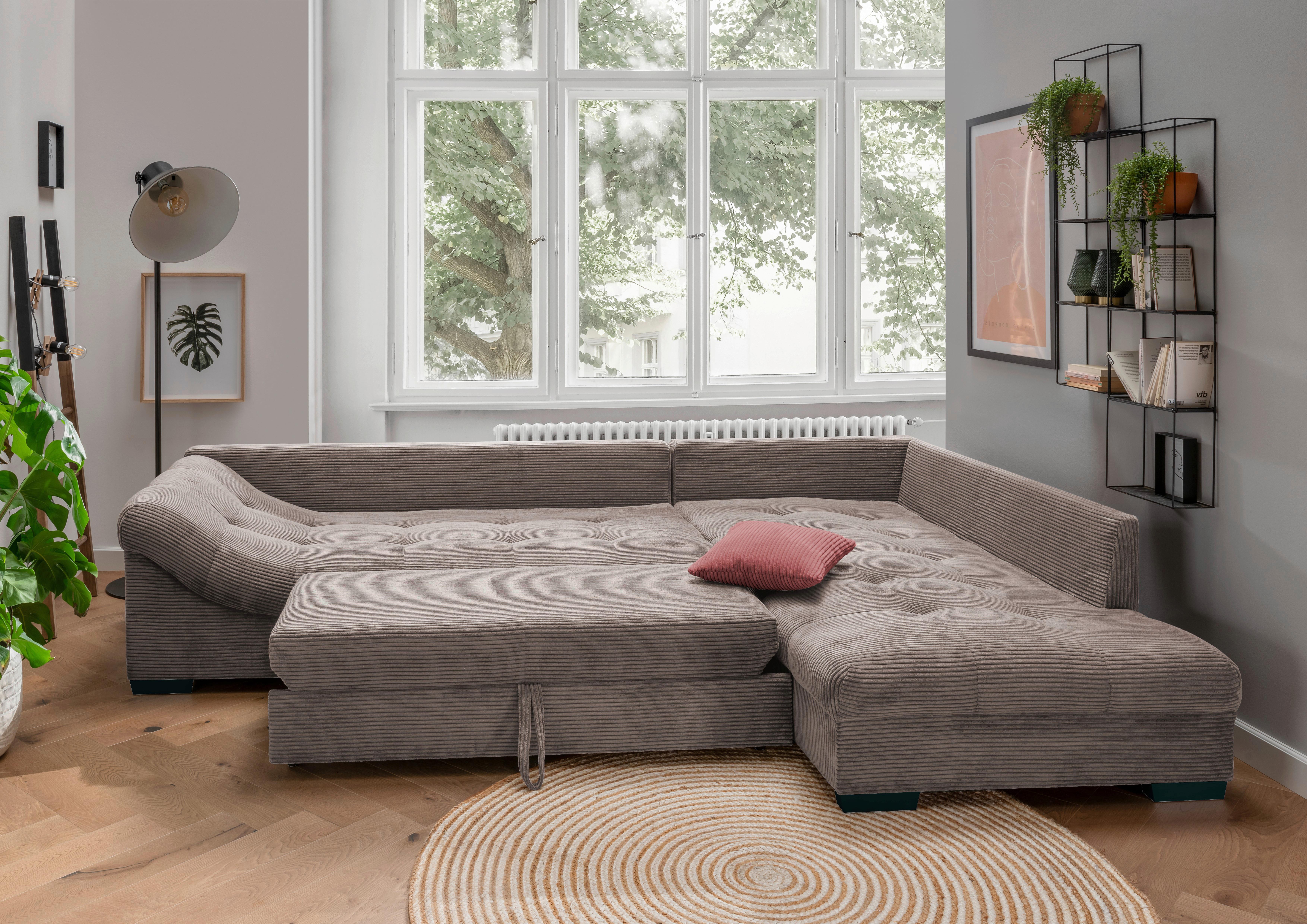 Sedežna Garnitura Alvito, Rjava, Siva, Žamet, Ležišče - rjavosiva/barve korale, Design, tekstil/les (298/202cm) - MID.YOU