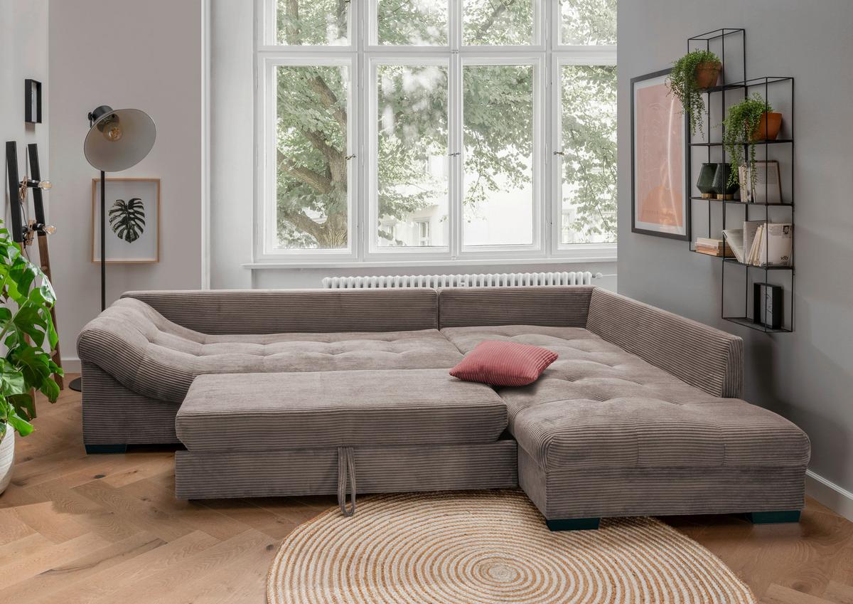Wohnlandschaft Alvito Braun Cord - Taupe/Koralle, Design, Holz/Textil (298/202cm) - MID.YOU