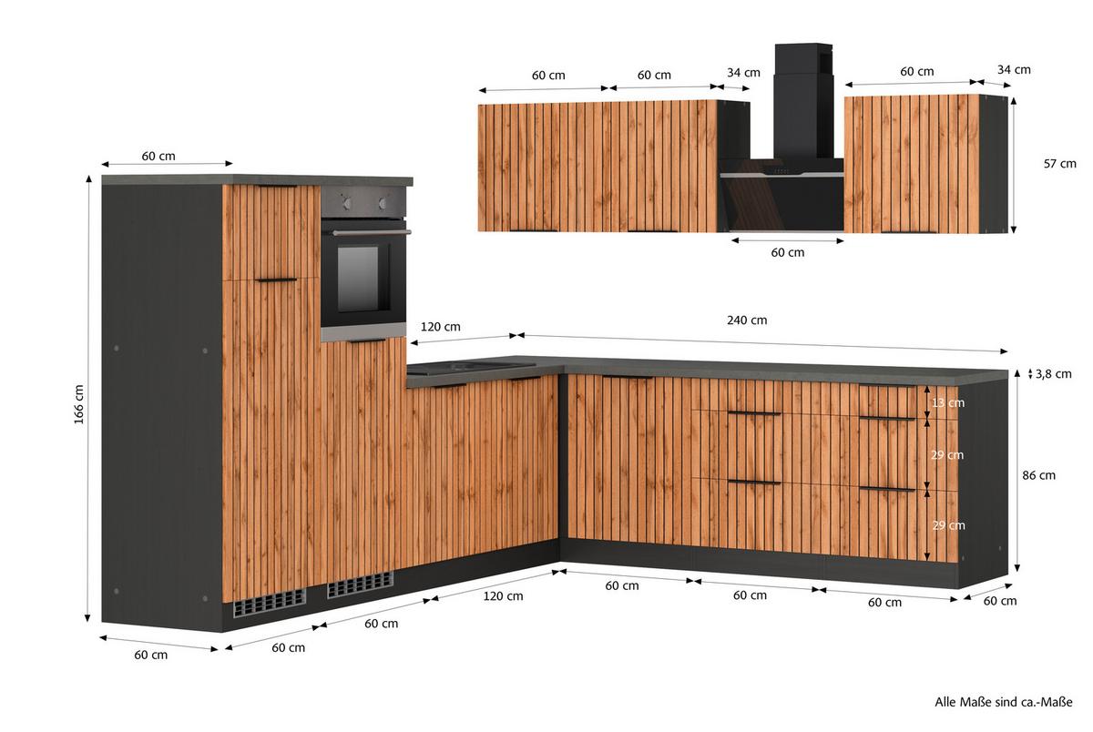 Eckküche Liverpool m. Geräten ca. 300x240cm Eiche - Schieferfarben/Eiche Wotan, Basics, Holzwerkstoff/Metall (300/240cm) - Held